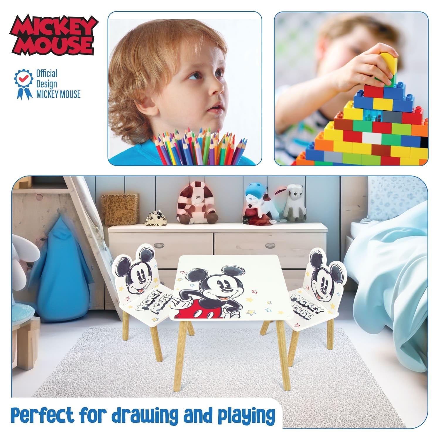 ARDITEX - Set Tavolo e 2 Sedie in Legno per Bambini Licenza Ufficiale Topolino - Tavolo 50x50x44 cm/Sedia 26,5x26,5x50 cm - Blu Chiaro - Ideale per giocare, disegnare e fare lavoretti
