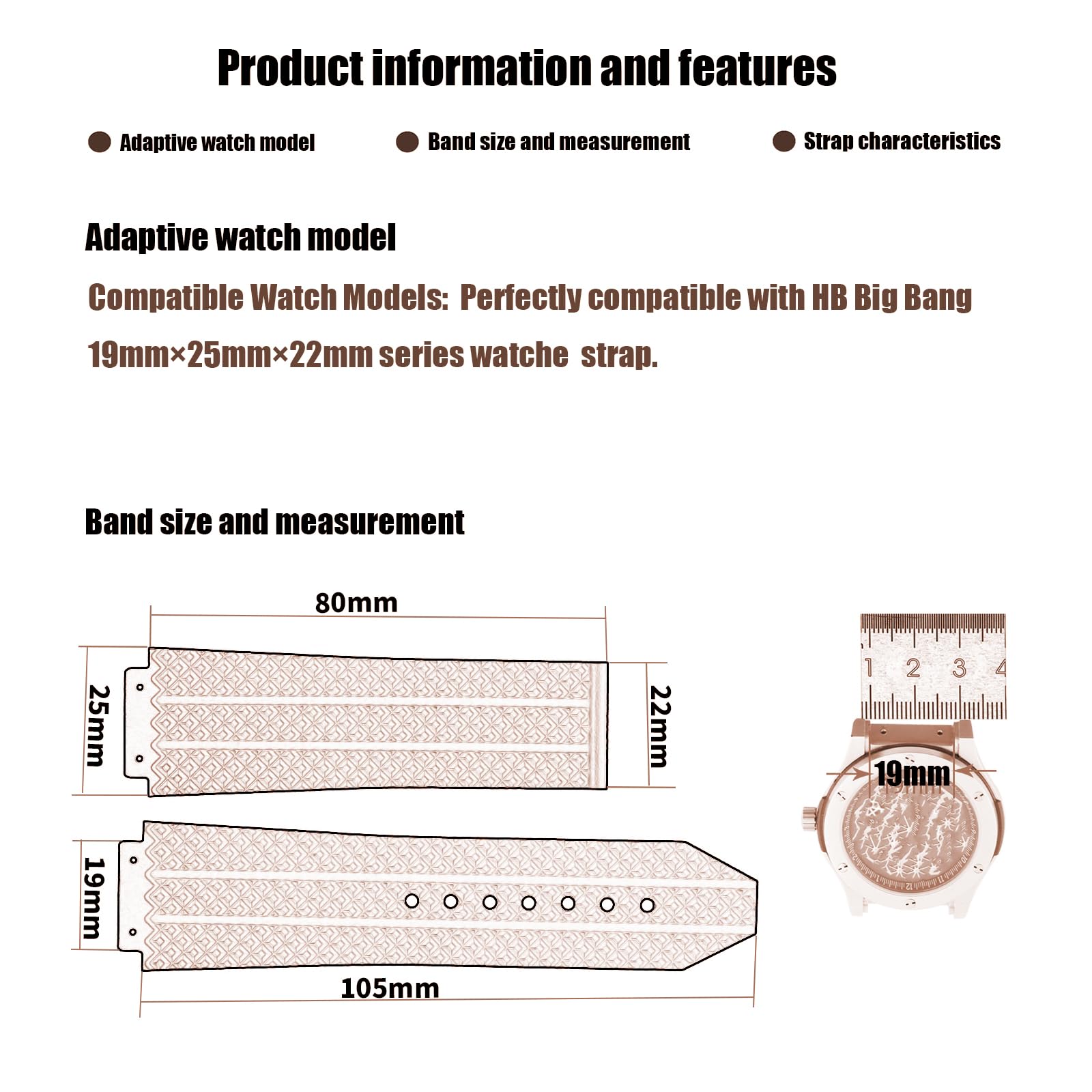 XIW Compatible for 19mm× 25mm× 22mm Hublot Big Bang Rubber Watch Band Replacement for men Silicone Wirstband Strap women Bracelet, Black