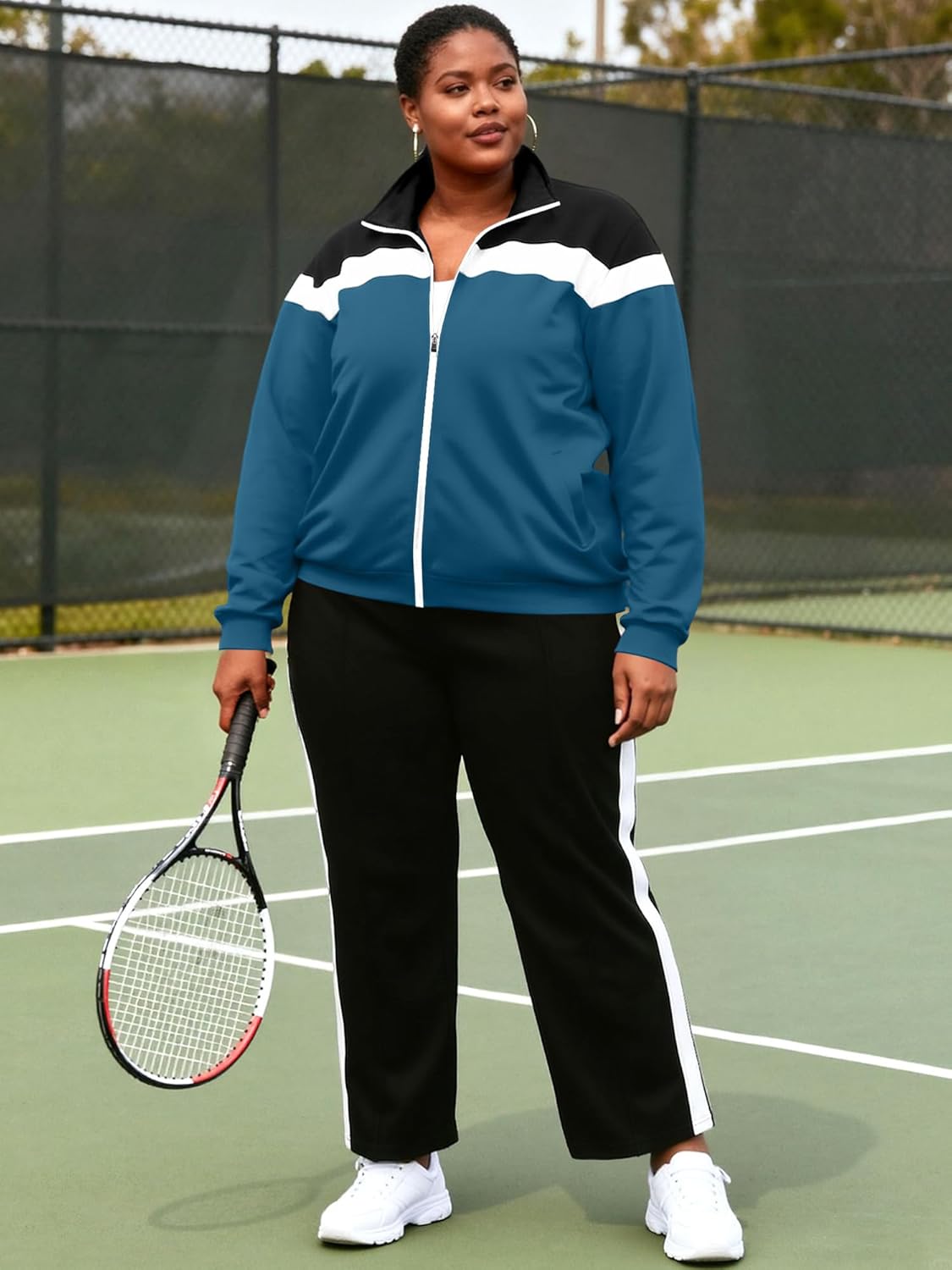 UOUA Plus Size Womens 2 Piece Sweatsuits Outfits Zip Up Jackets & Sweatpants Casual Loungewear Tracksuit Sets - Image 5