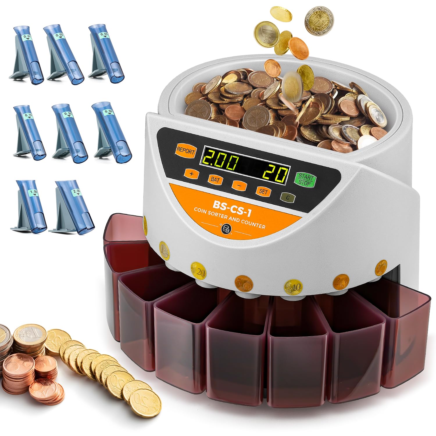 Bonvoisin Contamonete e Sorter - 270 monete/min Velocità di conteggio, con cassetti e tubi per monete - Numero di lotti preimpostato, funzione di report, capacità della tramoggia di 500 monete (EU)