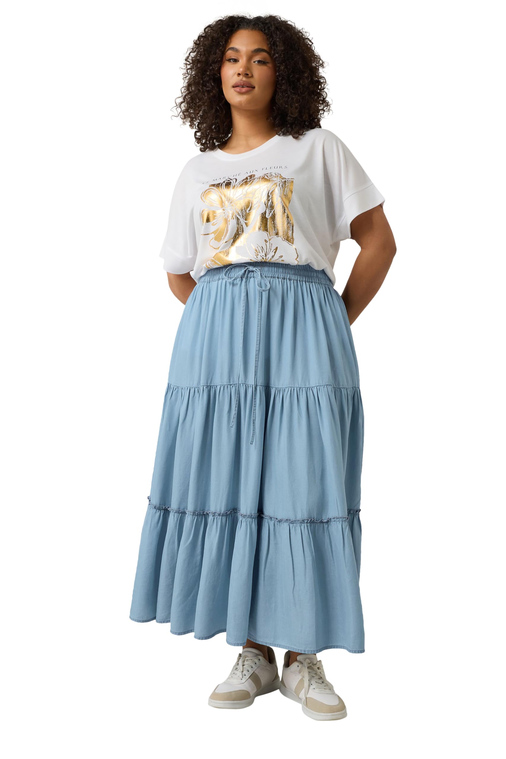 Evans Women's Light Blue Curve Lyocell Denim Tiered Skirt - Plus Size Curve