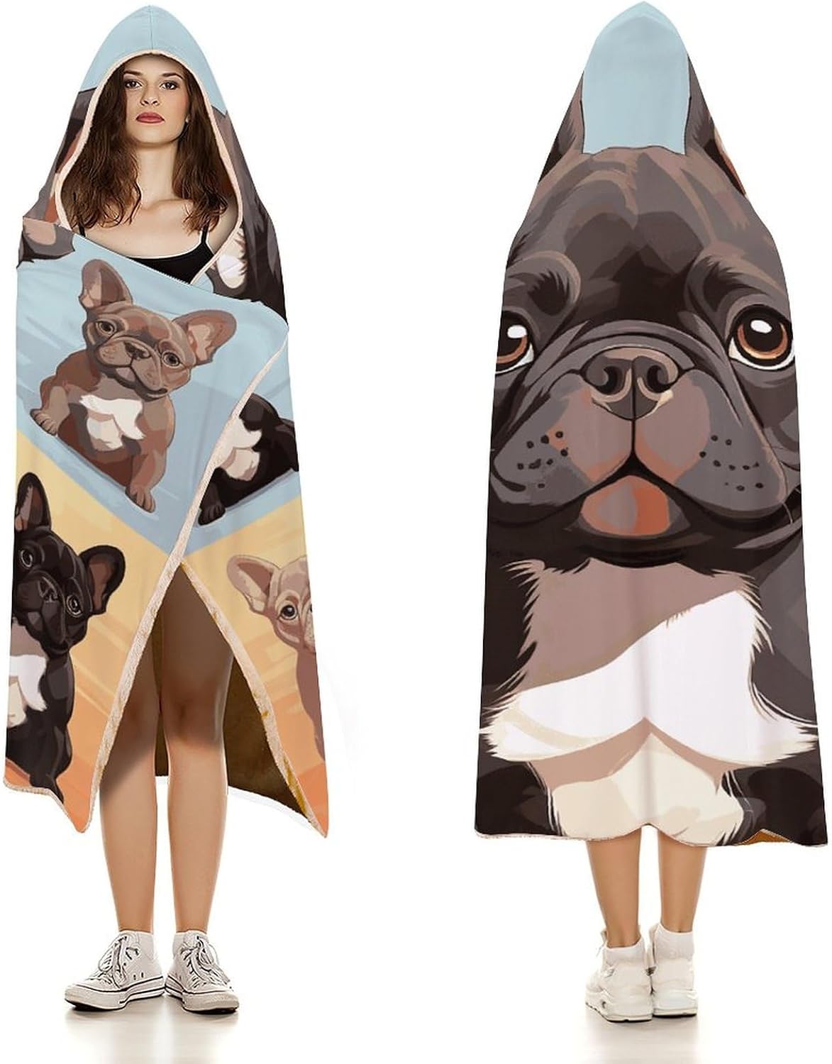 French Bulldog Dog Cute Hooded Blanket Cozy And Functional,Wearable Blanket Hoodie for Women Men,Blanket Poncho Presents40 x50