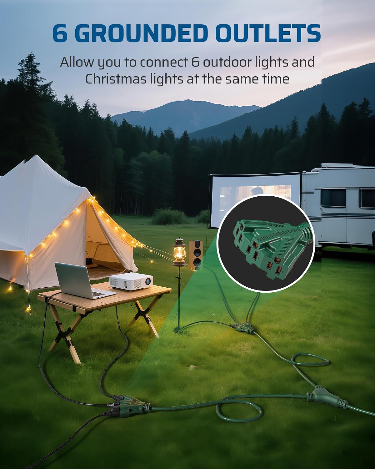 DEWENWILS Outdoor Extension Cord 1 to 2 Splitter, 13FT (7'+6' *2), 6 Grounded Outlets, Heavy Duty Power Cord, 16AWG SJTW for Landscaping Light, Holiday Decoration, 1 Pack, Green, ETL Listed