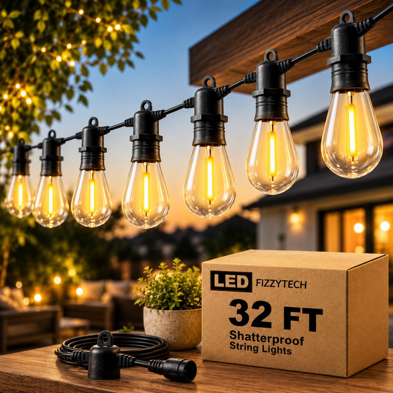 fizzytech Outdoor String Lights E26 Bulb, 10 Meter Warm White Waterproof Lights for Balcony, Garden, Patio, Cafe & Home Decoration - 20 LED