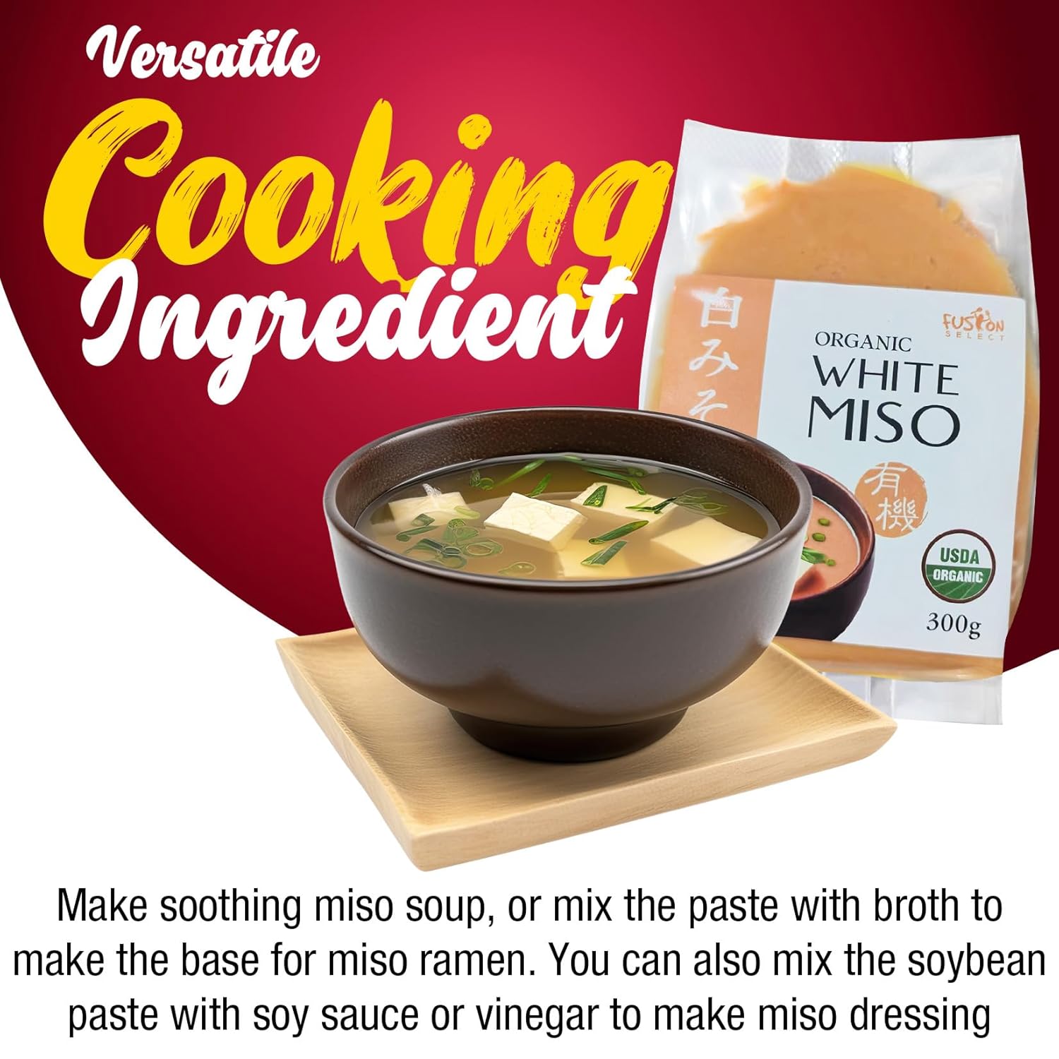Fusion Select 900g Organic White Miso Paste - Made of Fermented Soy Bean & Rice - Savory Japanese Seasoning For Cooking Soup Base, Broth, Stew, Salad Dressing, Sauce, Marinade, Ramen