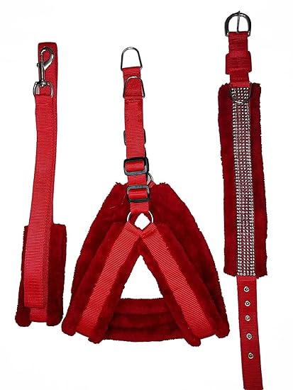 Petsplanet Nylon Dog Harness Leash & Collar Set with Soft Fur - 1.25 Inch Large Red
