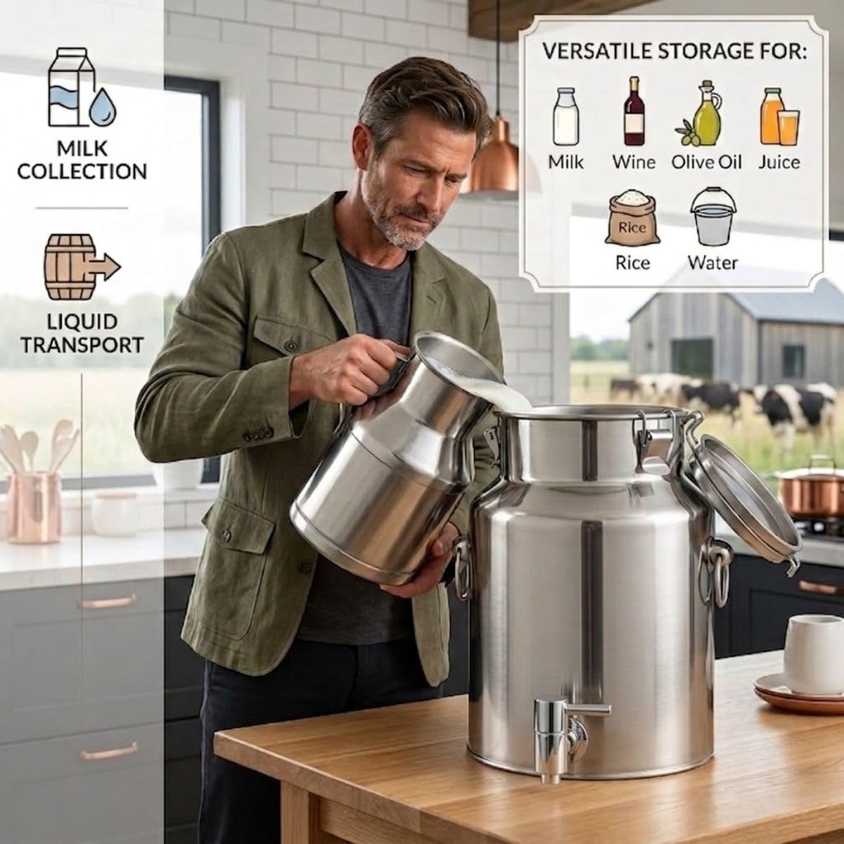 Lechera en Acero Inoxidable 304, Jarra para Agua con Grifo 5-125 L | Bidón Hermético para Aceite, Contenedor Alimentos y Barril Dispensador Bebidas Camping(With Spigot,48L)