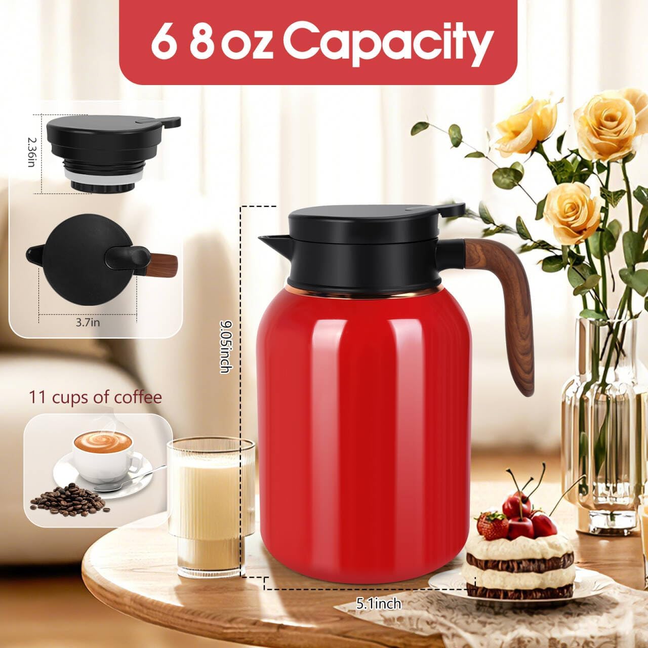 68oz Coffee Carafe, Stainless Steel Vacuum Insulated, Carafes for Keeping Hot, Large Carafes for Iced/Hot Coffee, Tea, Cold Brew, Cappuccino(Red)