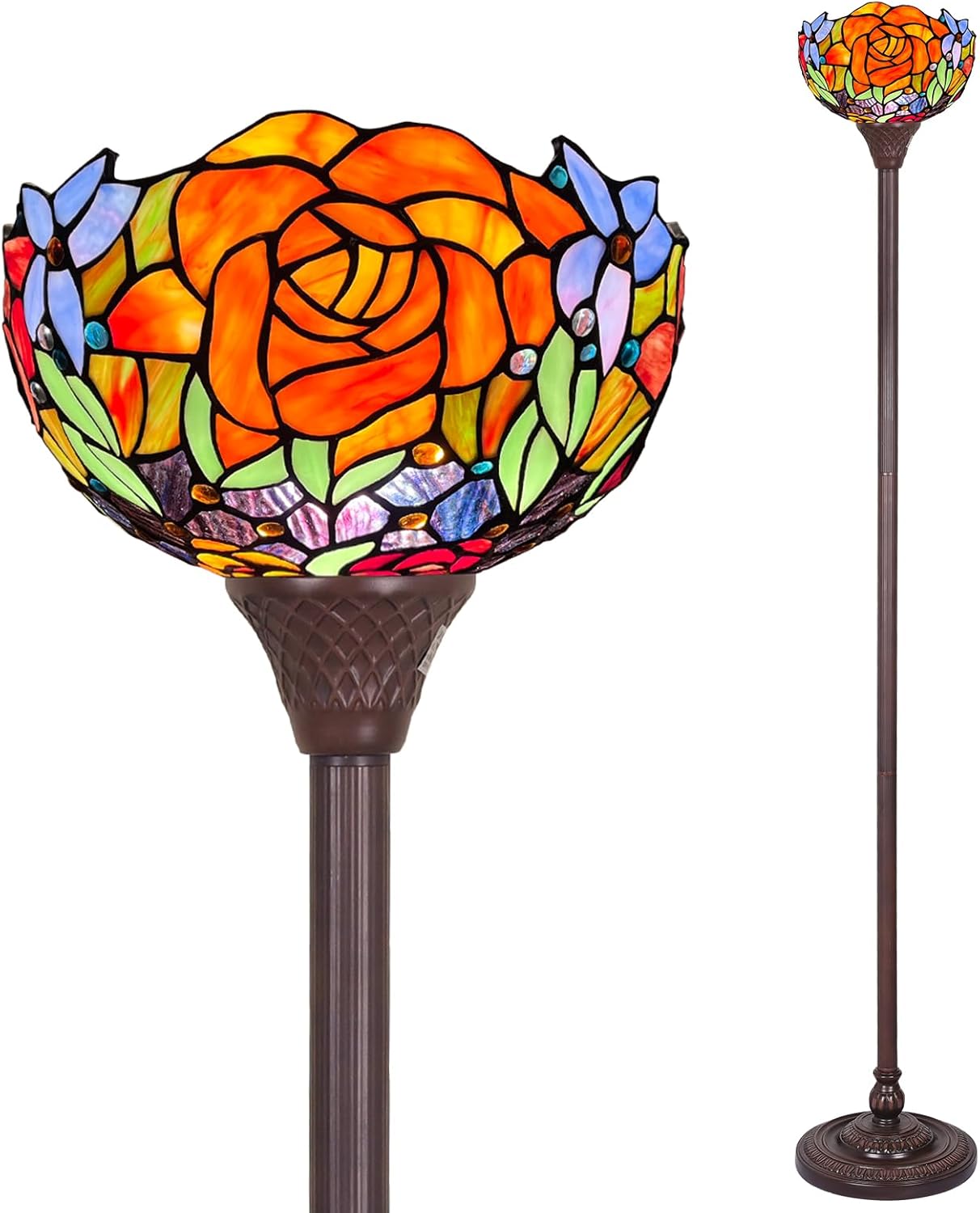Capulina Tiffany Lamp Stained Glass Torchiere Floor Lamp 12x12x70 Inches Industrial Blackish Bronze Pole Yellow Red Rose Tiffany Style Standing Lamp for Living Room Bedroom Home Office