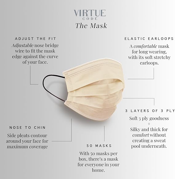 VIRTUE CODE Beige Support Face Masks - Soft 3 Ply Comfort Colorful Disposable Face Mask 50 Pack. Adults Mens and Womens Disposable