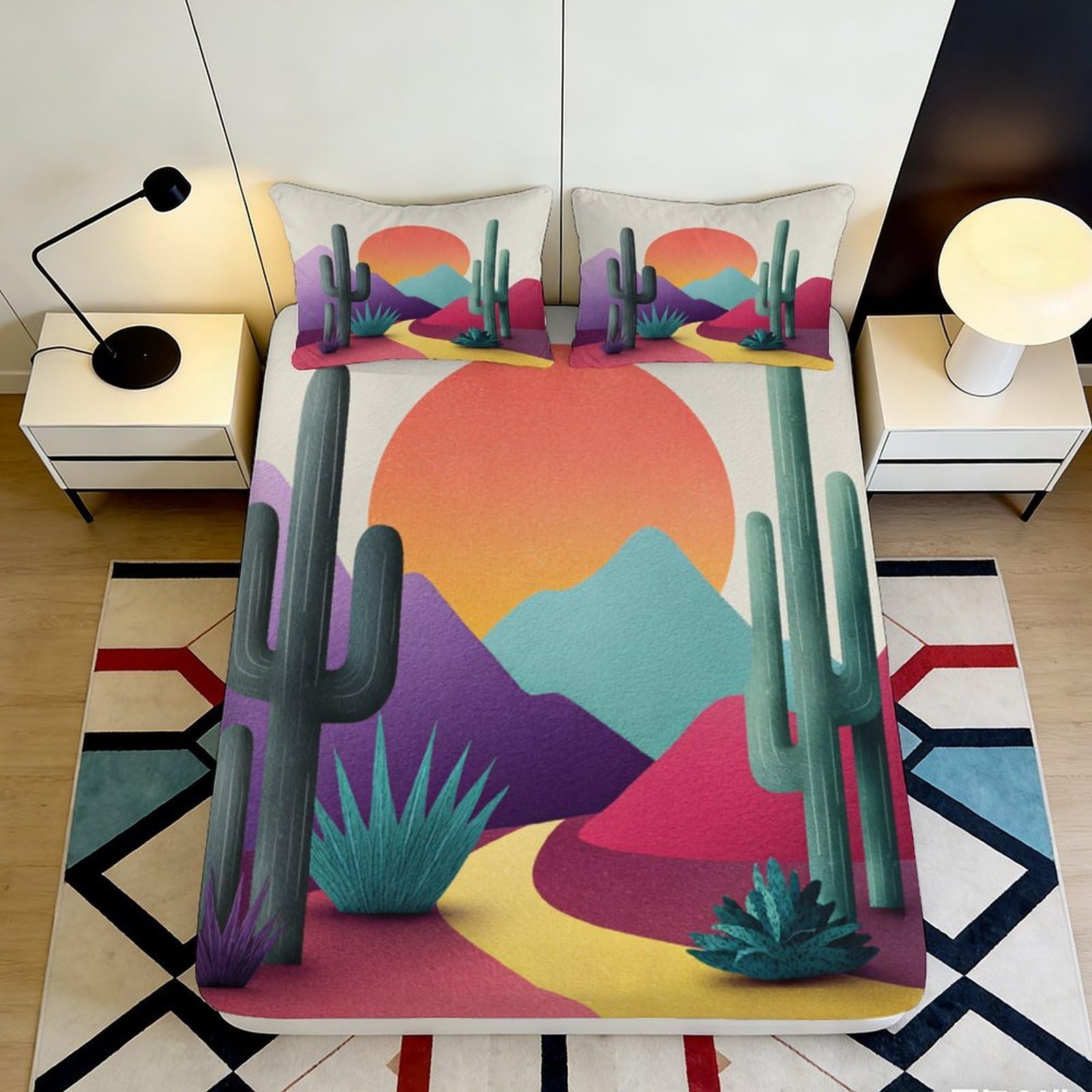 3D Printed Sunset Cactus Fitted Sheet Microfiber Soft Colorful Desert Landscape Bed Cover for Bedroom Decor 90x200x25cm