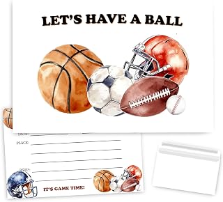 Sports Party Birthday Invitations for Boys, Baseball, Football, Soccer, Basketball Birthday Party Supplies Invites for Boys Tween, 30 Sets with Envelopes