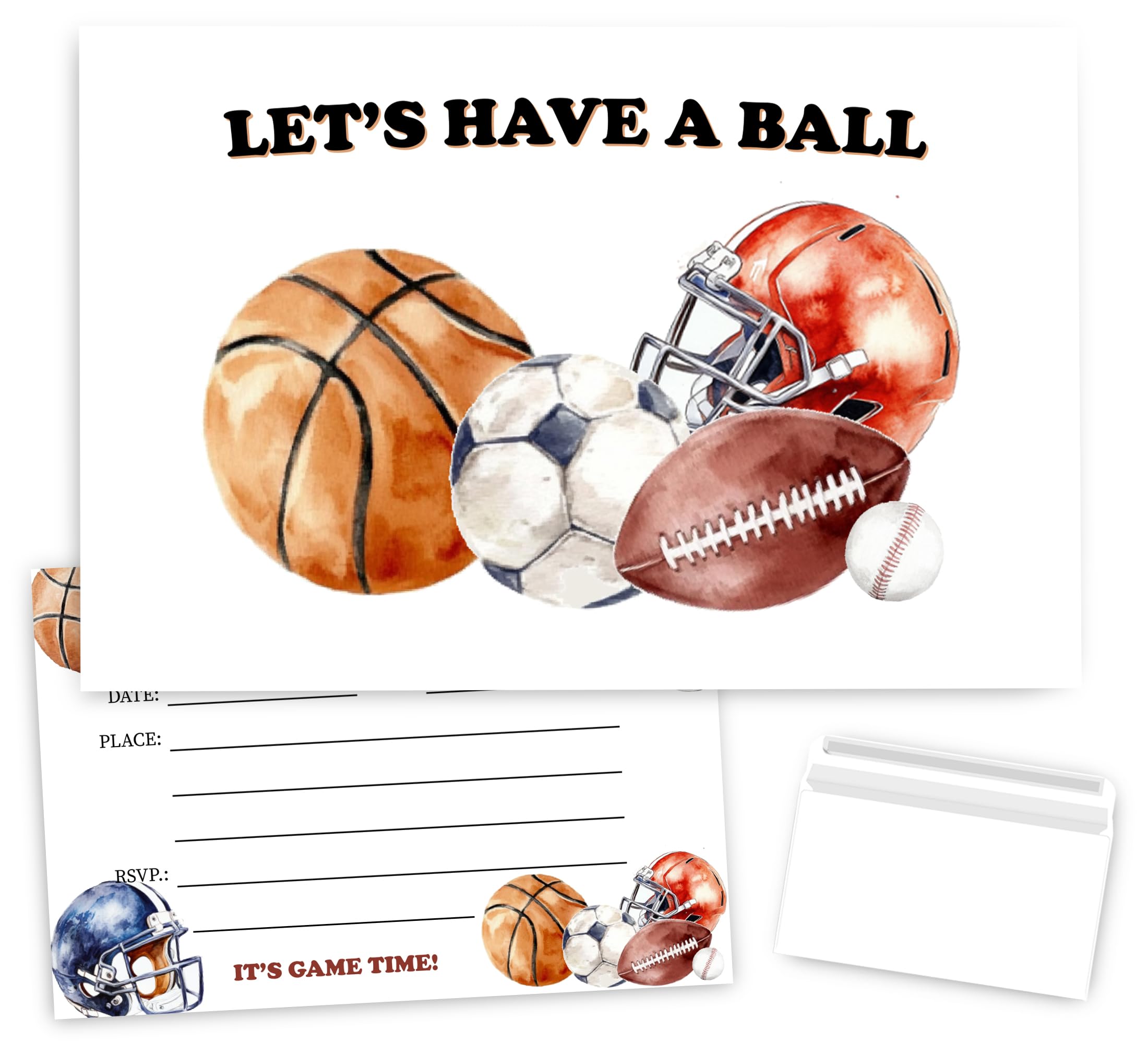 VAVINCI Sports Party Birthday Invitations for Boys, Baseball, Football, Soccer, Basketball Birthday Party Supplies Invites for Boys Tween, 30 Sets