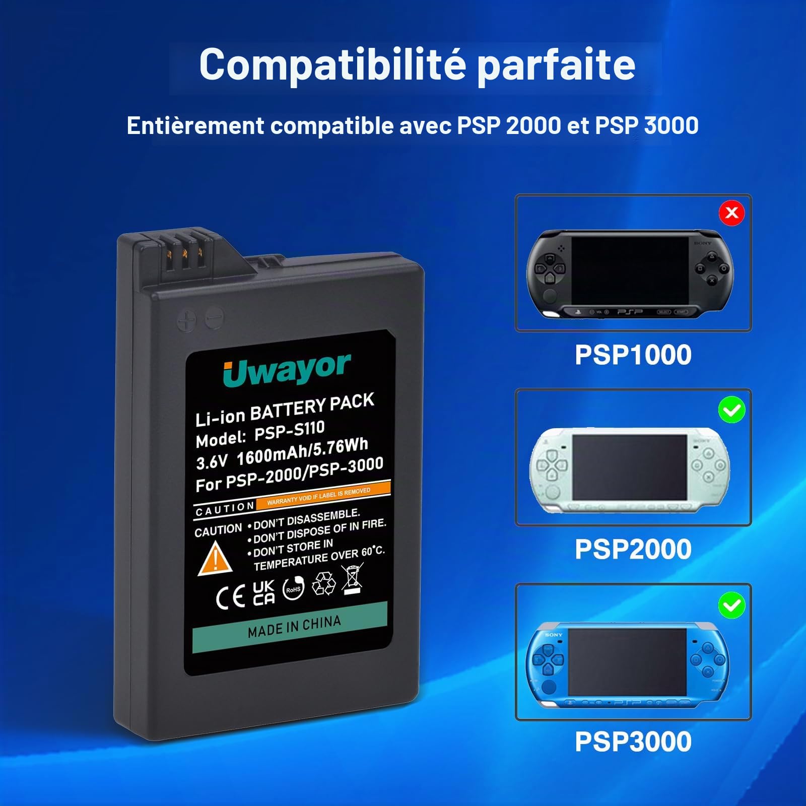 Batterie 1600Amh pour PSP 3000/2000, PSP Slim 2000, PSP-S110, PSP-3001, PSP-3000, PSP-3002, PSP-3004, PSP-2001, PSP Slim Console