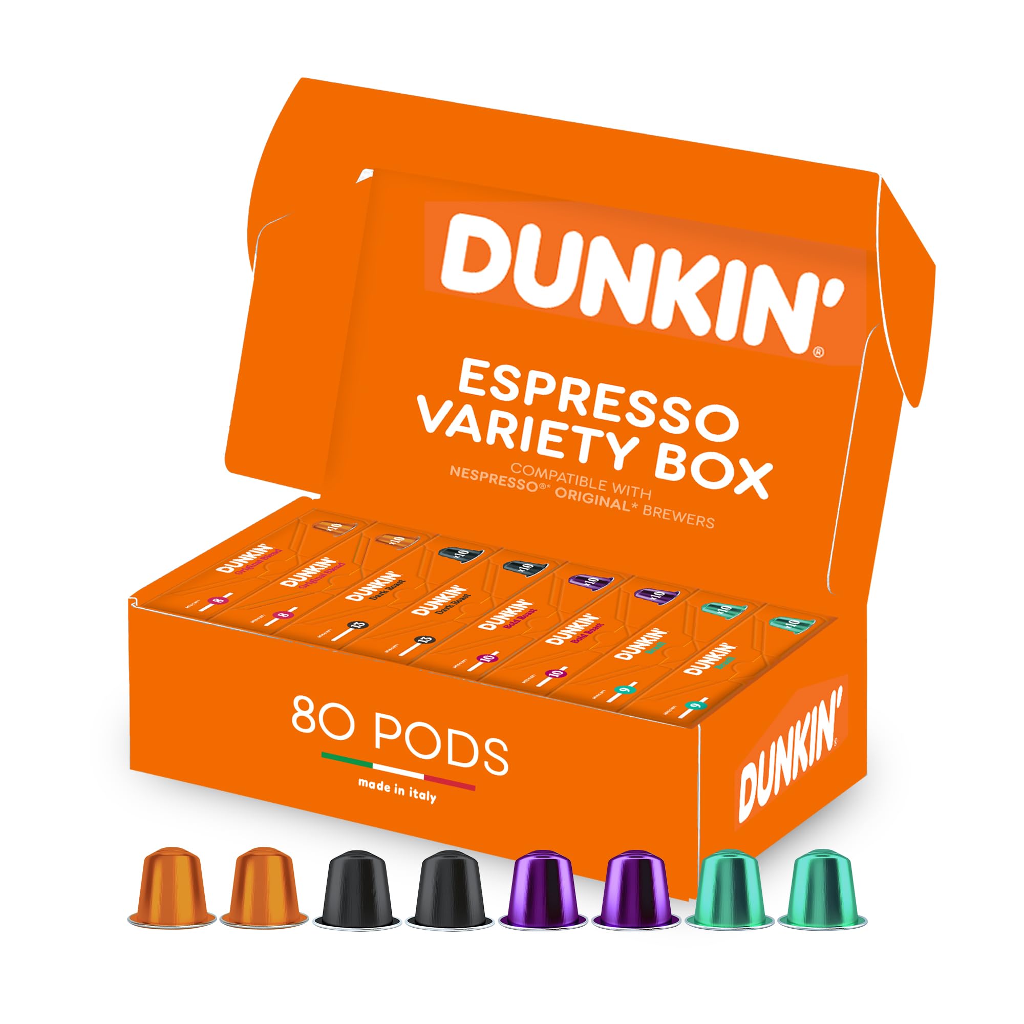 Zestaw Espresso Dunkin’ Donuts – 80 Kapsułek Kawy, 4 Smaki: Brazil, Original Blend, Dark Roast, Bold Roast, Kompatybilne z Ekspresami Nespresso, Intensywne & Aromatyczne, Idealny na Prezent