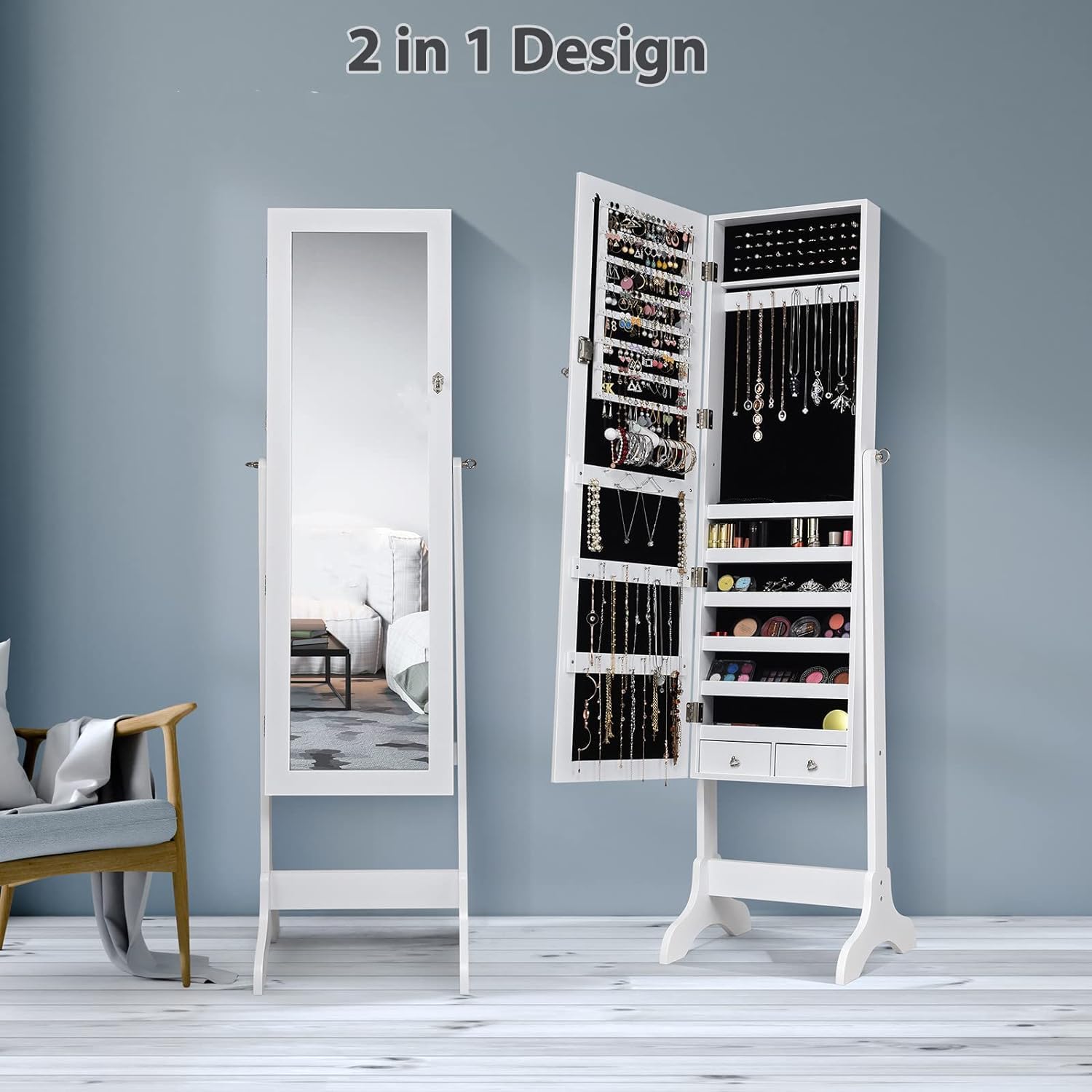 RELAX4LIFE Schmuckschrank mit Ganzkörperspiegel stehend Spiegelschrank neigungsverstellbar Schmuckaufbewahrung Schmuck-Organizer abschließbar Standspiegel mit 5 Ablagen & 2 Schubladen weiß