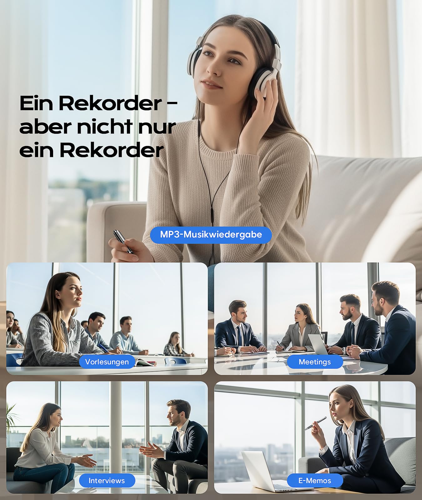 128GB Diktiergerät mit USB-C, 3200h Speicher Aufnahmegerät, Wiedergabe mit DSP-Rauschunterdrückung & HD-Audio, Voice Recorder, Digitales Diktiergerät für Unterricht, Meetings, Interviews