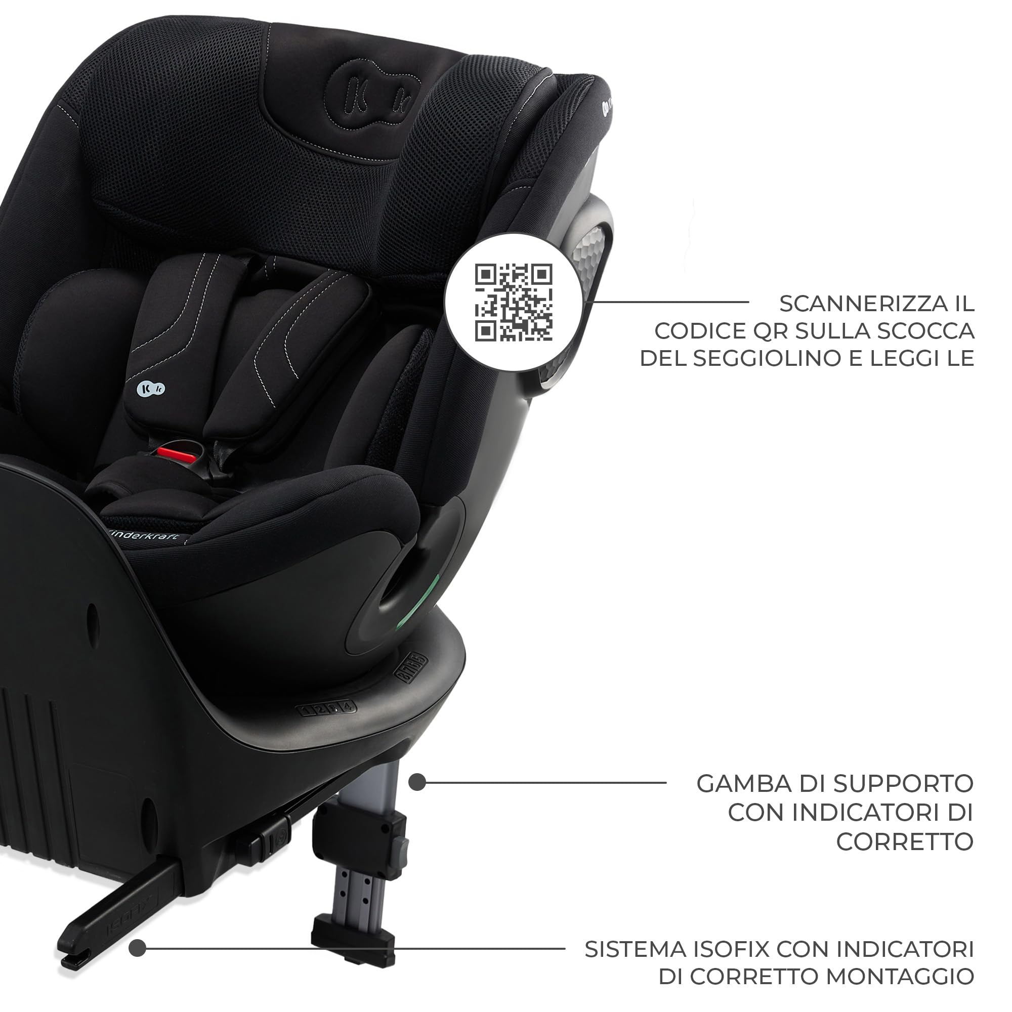 Kinderkraft XRIDER2 Seggiolino auto 0-21 kg, I-SIZE 40-150 cm, Seggiolino 360 girevole, con Isofix Base, Reclinabile Posizione sdraiata, FWF, RWF, reclining, Nero