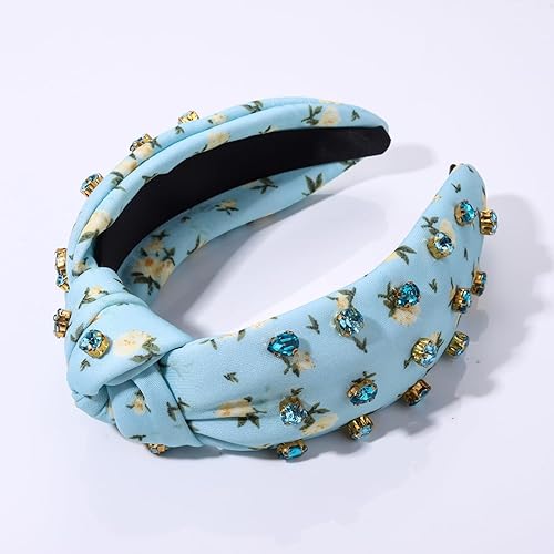 Miniatura 4 de Diademas anudadas con perlas para mujer, diademas de flores impresas con cristal de diamantes de imitación y cuentas brillantes adornadas con nudo