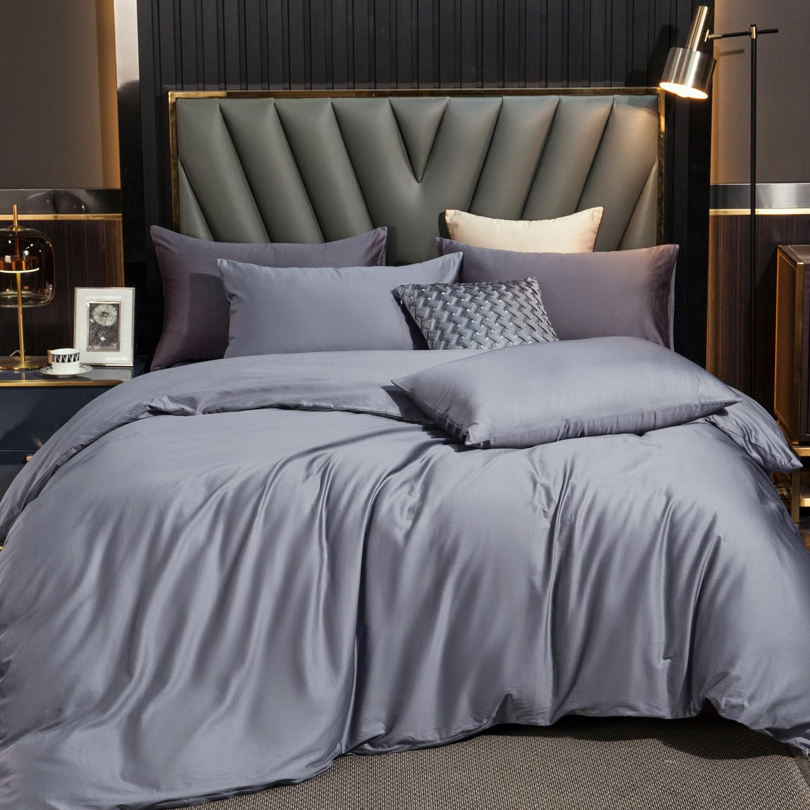 MooMee Duvet Cover Set 100% Extra Long Staple Cotton 600 Thread Count Silky Sateen Smooth Luxury Soft Breathable Durable Hotel Quality Bedding, 3 Pieces (Blueish Grey, King 104"x90")