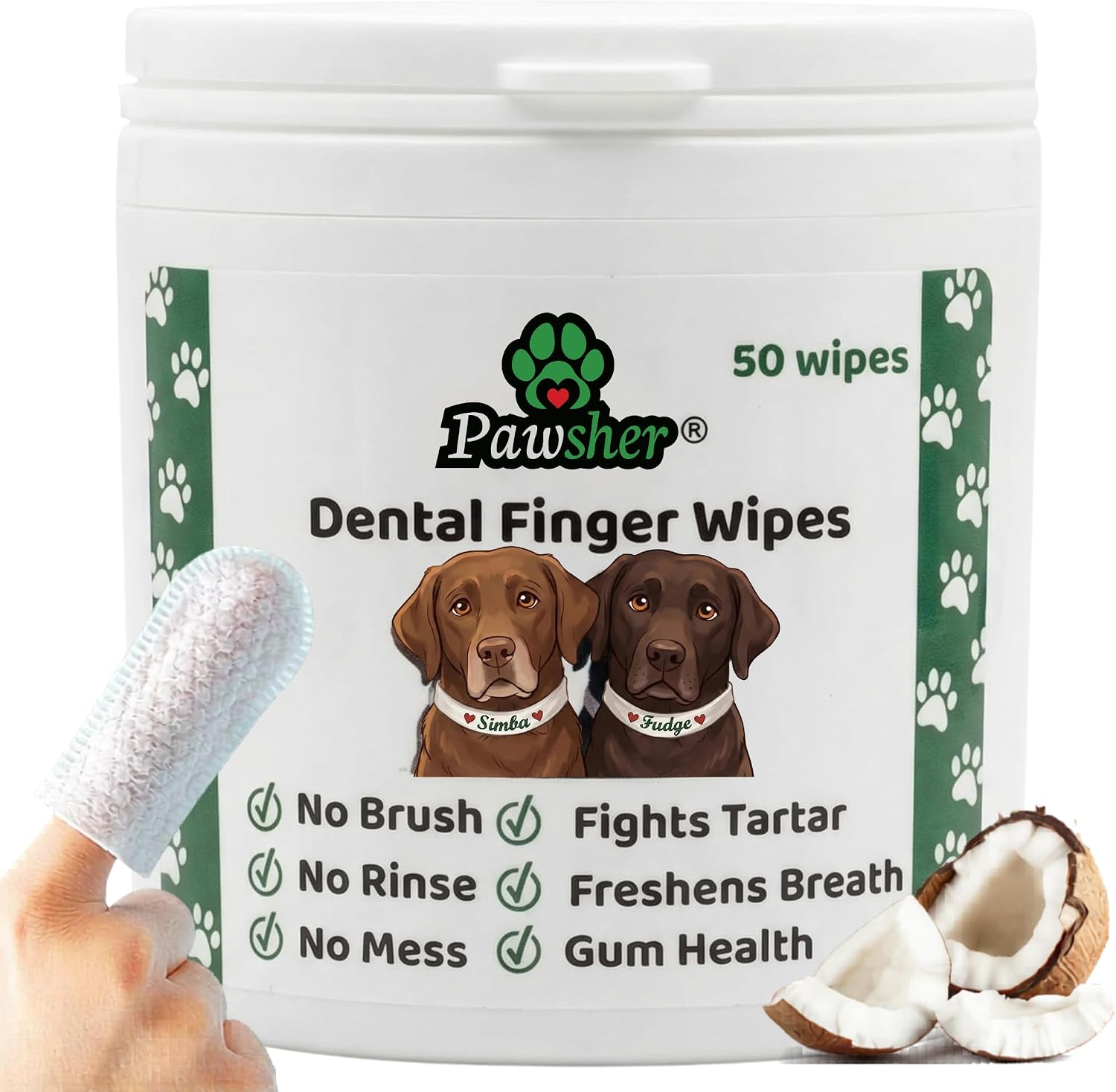 Dog Teeth Cleaning Wipes - Natural Coconut Oil & Aloe - Dental Wipes for Dogs - No-Rinse Pet Dental Finger Wipes - 50 Count