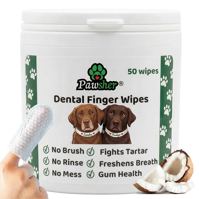 Lenços dentais para cães com óleo de coco e aloe Pawsher, 50 unidades