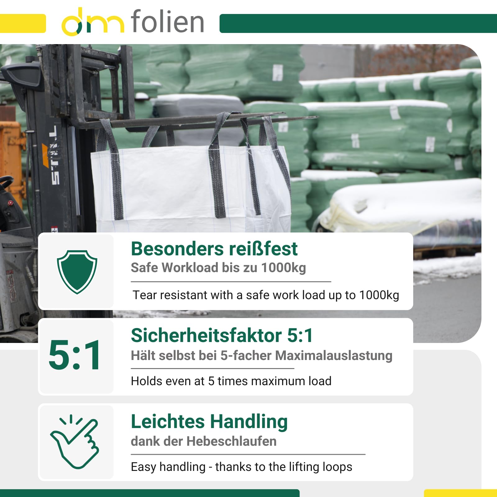 dm-folien Stein Big Bag 60x75x80cm I 5 Stück I SWL 1.000 kg I BigPack Sack mit 4 Hebeschlaufen I Big Packs für Steine & Schwerlast I Big Bag Säcke mit geschlossenem Boden I stabil & unbeschichtet
