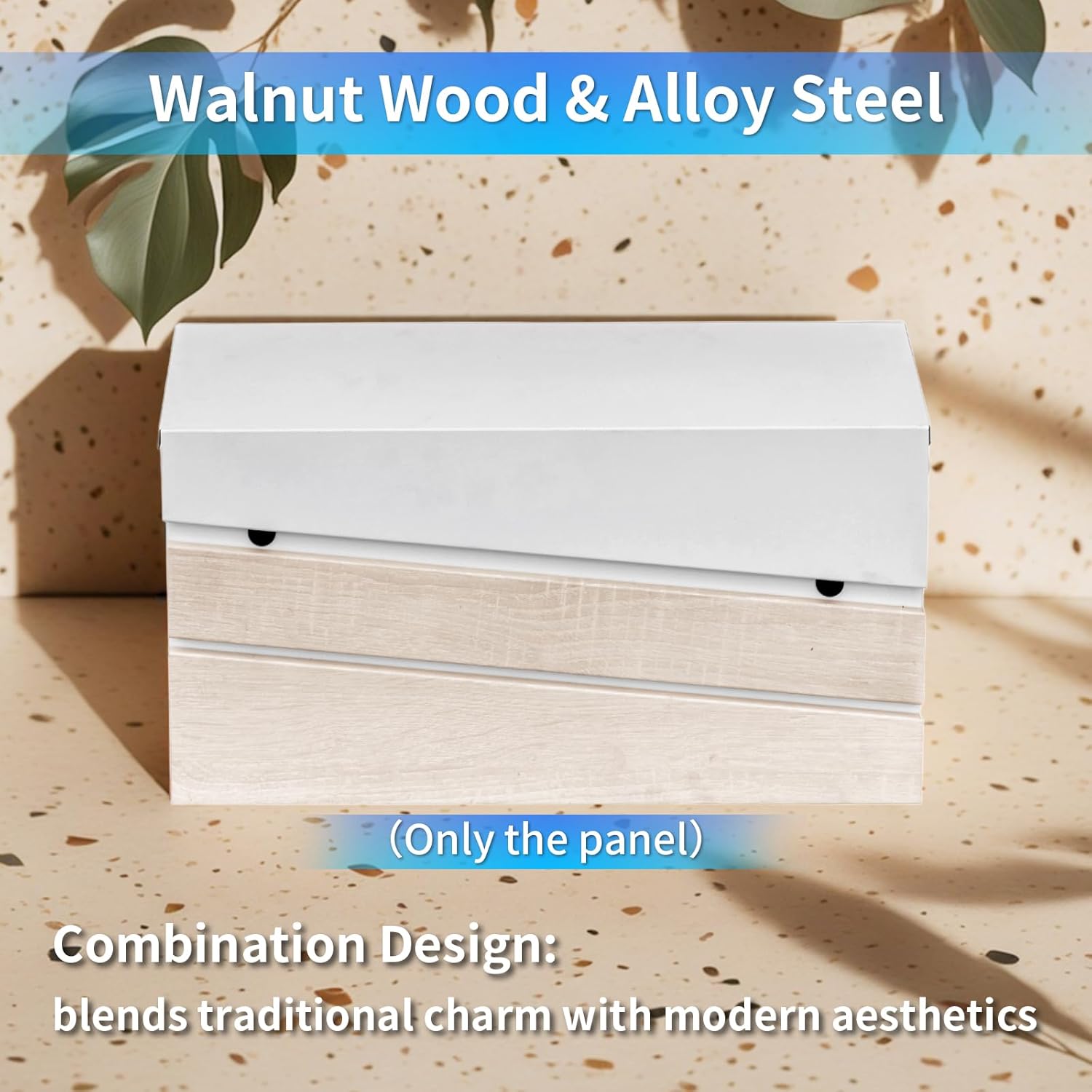 Wall-Mount Mailbox, White Walnut Wood Panel, Rust Resistant Large Capacity House Mailbox, Modern Drop Mailboxes for Outside, Metal Post Box (No Keys Locking)