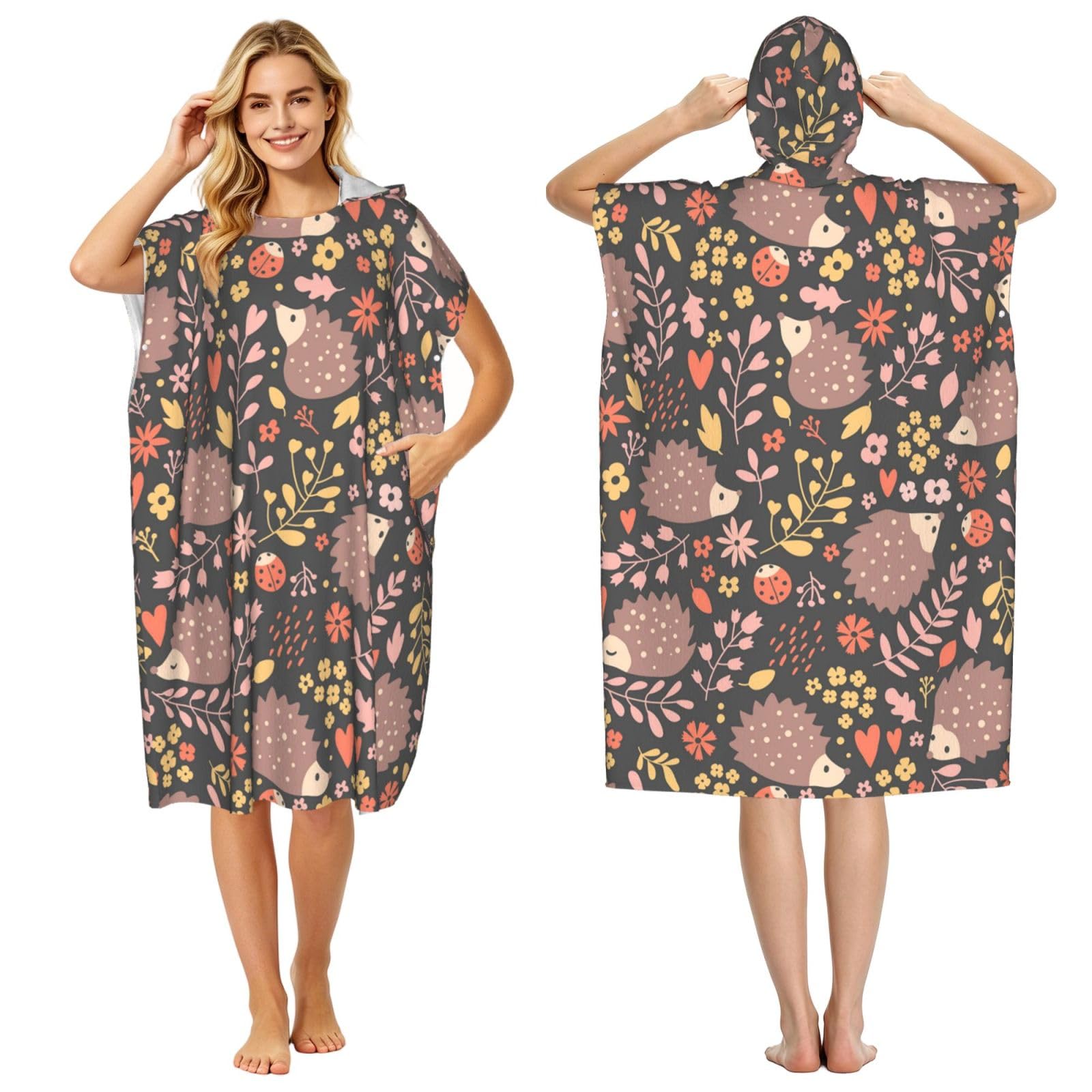 Poadnly Hedgehog And Flowers, Adult Hooded Beach Towel 90 x 110 cm,Changing Bath Robe, Surf Poncho Towel For Women Men