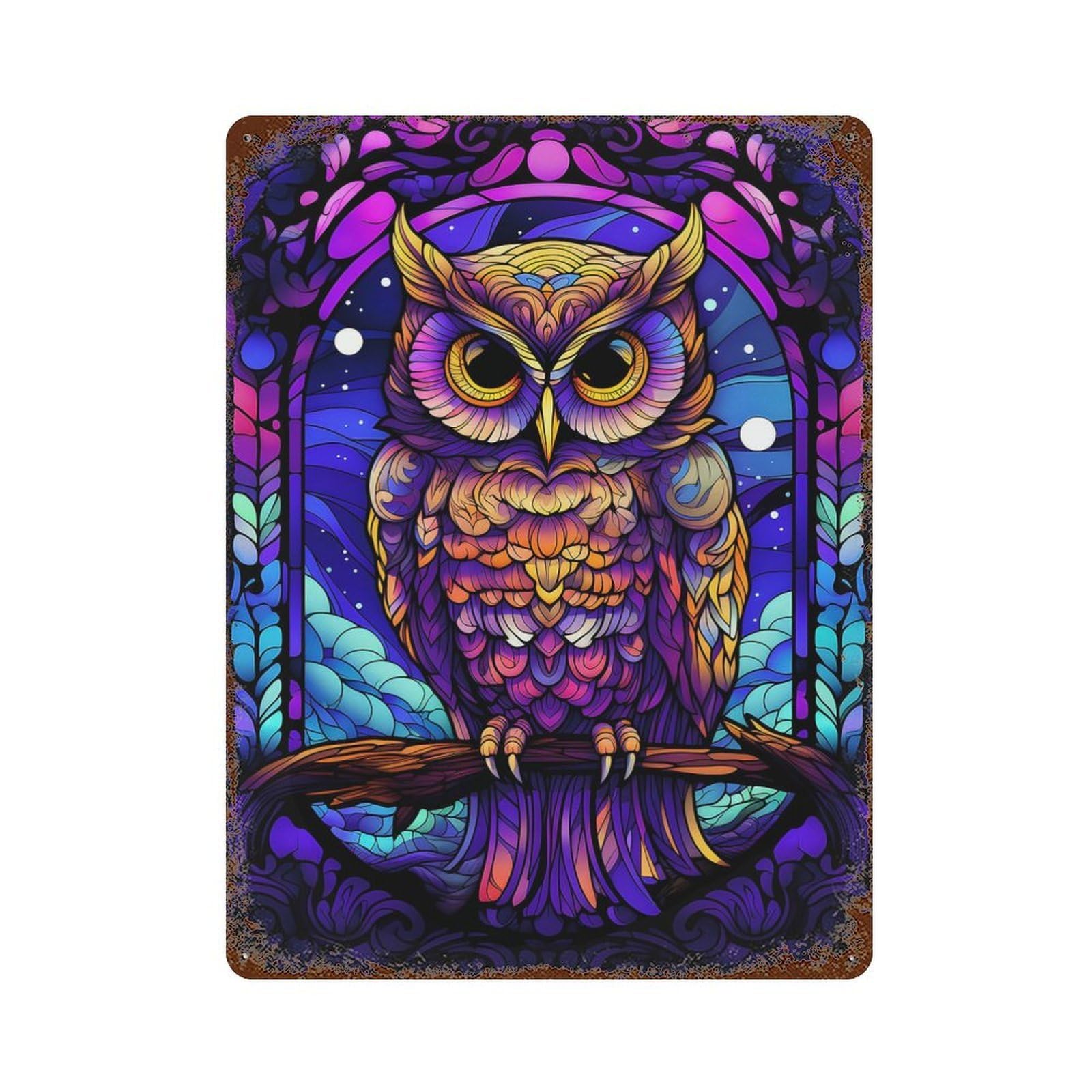 Retro Metal Sign with Amazing Owl Stained Glass Design 15.7"x11.8", for Office, Studio And Wall Decor, Retro Wall Decor
