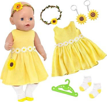 5 Pcs Sunflower Doll Clothes for 14-18 Inch Newborn Baby Dolls, Yellow Flower Baby Doll Clothes with Dress Garland 2 Sunflower Keychains Socks Hanger for 35-45 cm Dolls, Doll Accessories Girls Gift
