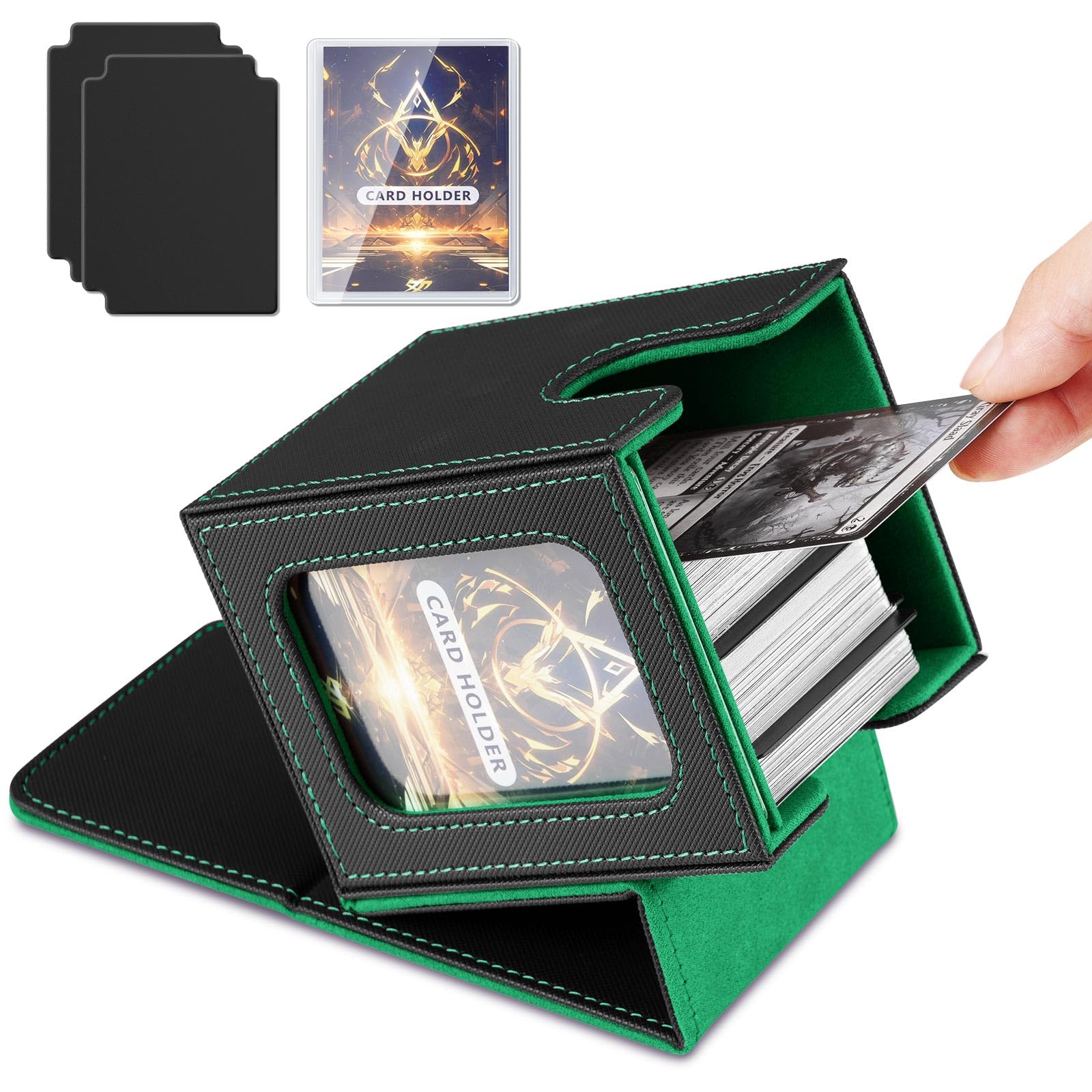 TiMOVO MTG Deck Box, Magnetic Trading Card Storage Case Holds 220+ Sleeveless Cards with 2 Dividers &amp; 1 Card Holders, Commander Card Deck Box for TCG CCG Magic Cards, Black+Green