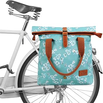 TOURBON Bike Bag for Bicycle Rear Rack Pannier Roll-top Women Shoulder Bag | Cycling Bag for Commuting, Day Trips, Shopping, With Removable Adjustable Shoulder Strap, Blue with Flower