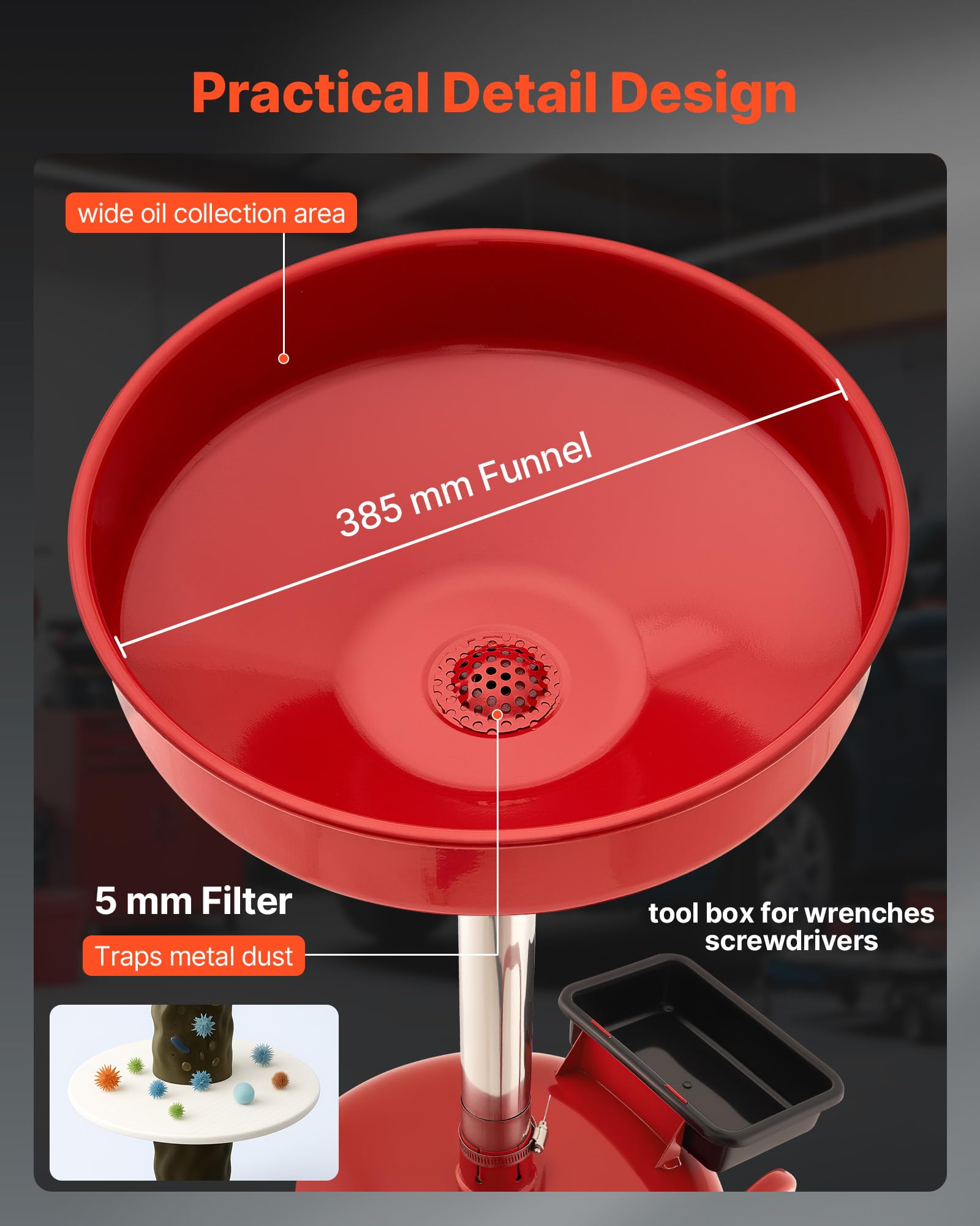 VEVOR Tanque de Drenaje de Aceite Usado, Drenaje de Aceite Manual Portátil 30 L con Embudo Ajustable, Ruedas, Caja de Herramientas, Drenador de Combustible para Taller de Reparación de Coches, Rojo