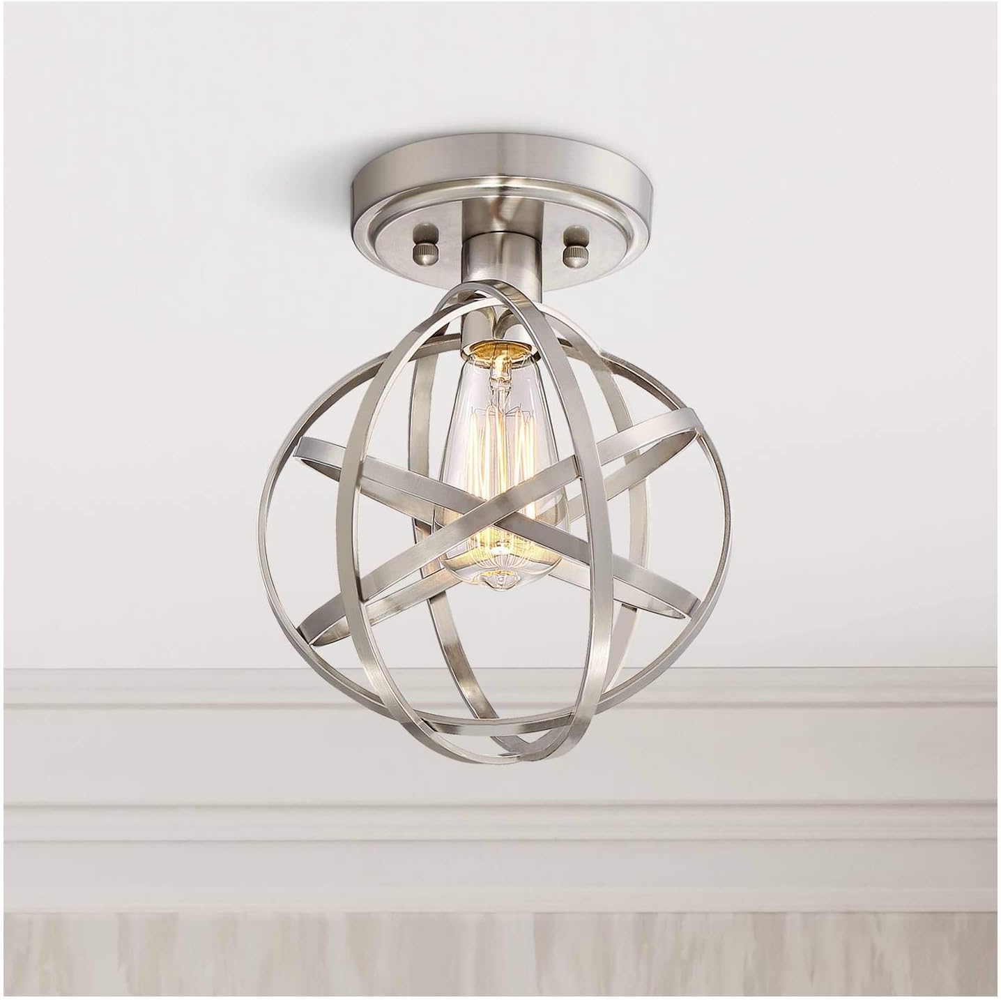 Industrial Atom Modern Close to Ceiling Light Semi Flush Mount Fixture 8" Wide LED Brushed Nickel Geometric Cage Shade Bedroom Hallway Living Room Dining Room Bathroom Kitchen - Franklin Iron Works - - 