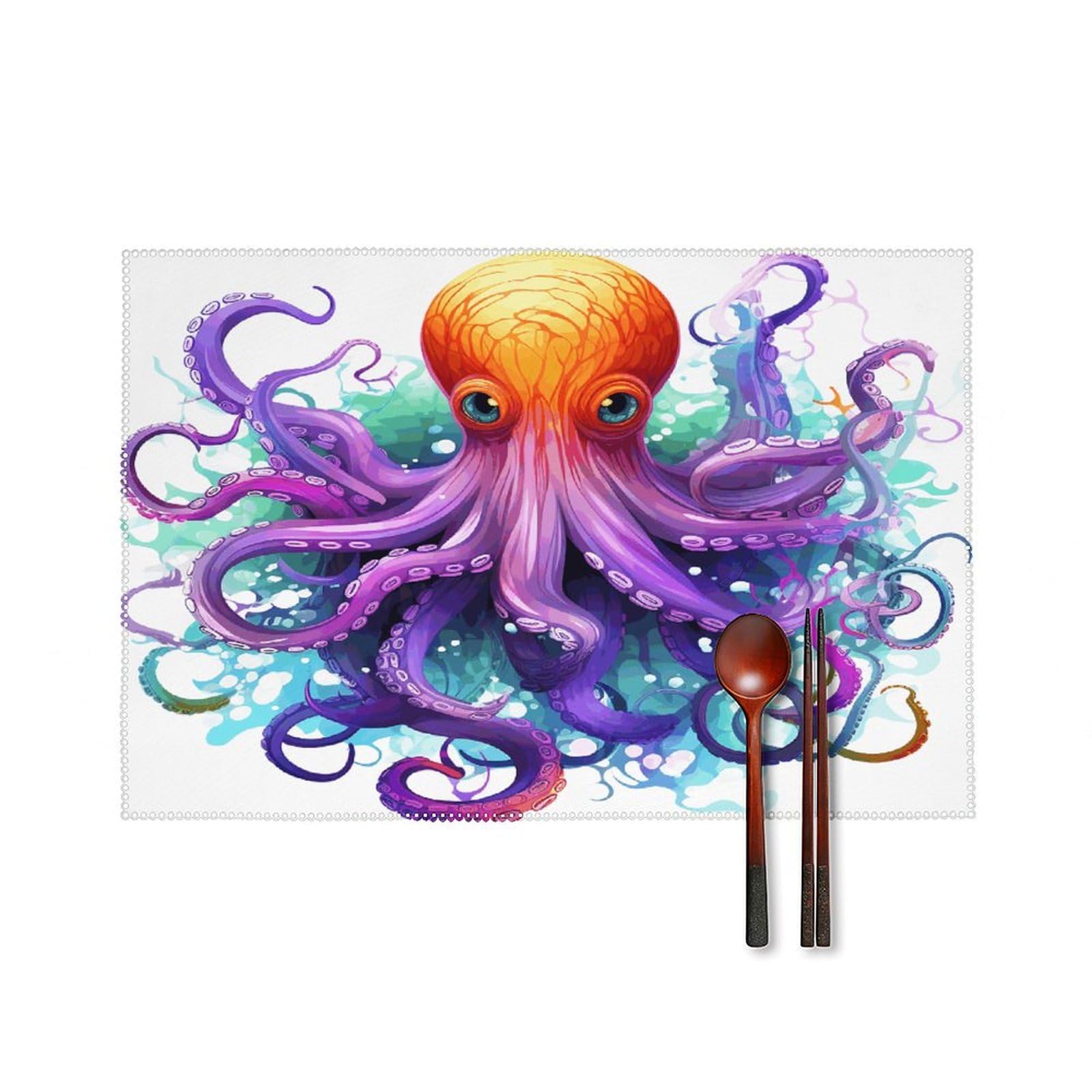 Colorful Octopus Placemats Set of 4 Heat Resistant Non-Slip Place Mats for Dining Table Washable Placemat Wipeable Dining Table Mat Canvas Place Mats Dining Table Decor