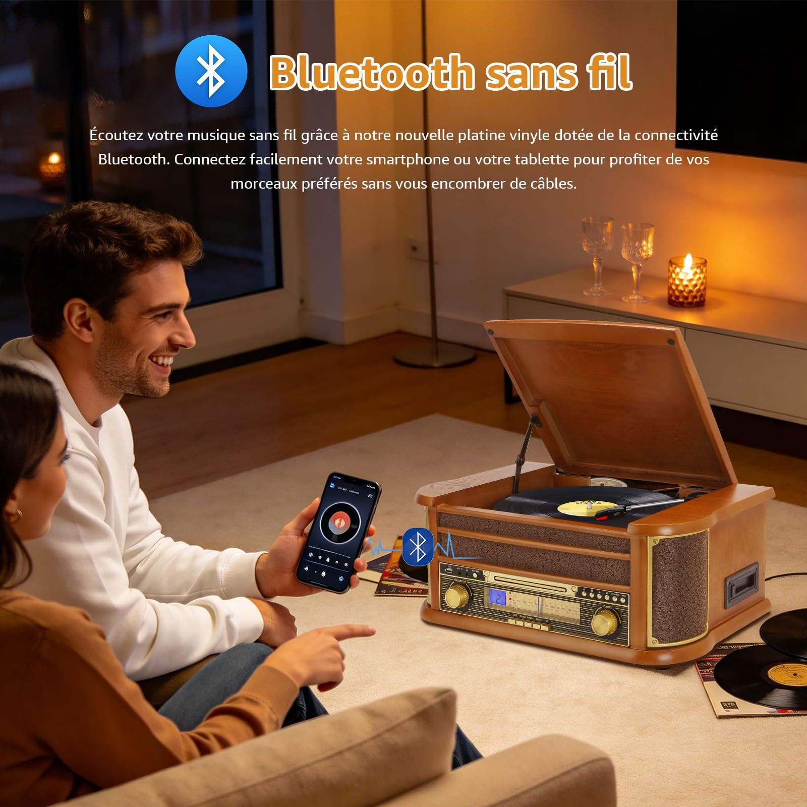 Platine Vinyle 9 en 1 avec Bluetooth, Radio AM/FM, Lecteur CD et Cassette, Lecture USB, Télécommande, Haut Parleurs Intégrés, Tourne Disque Vintage