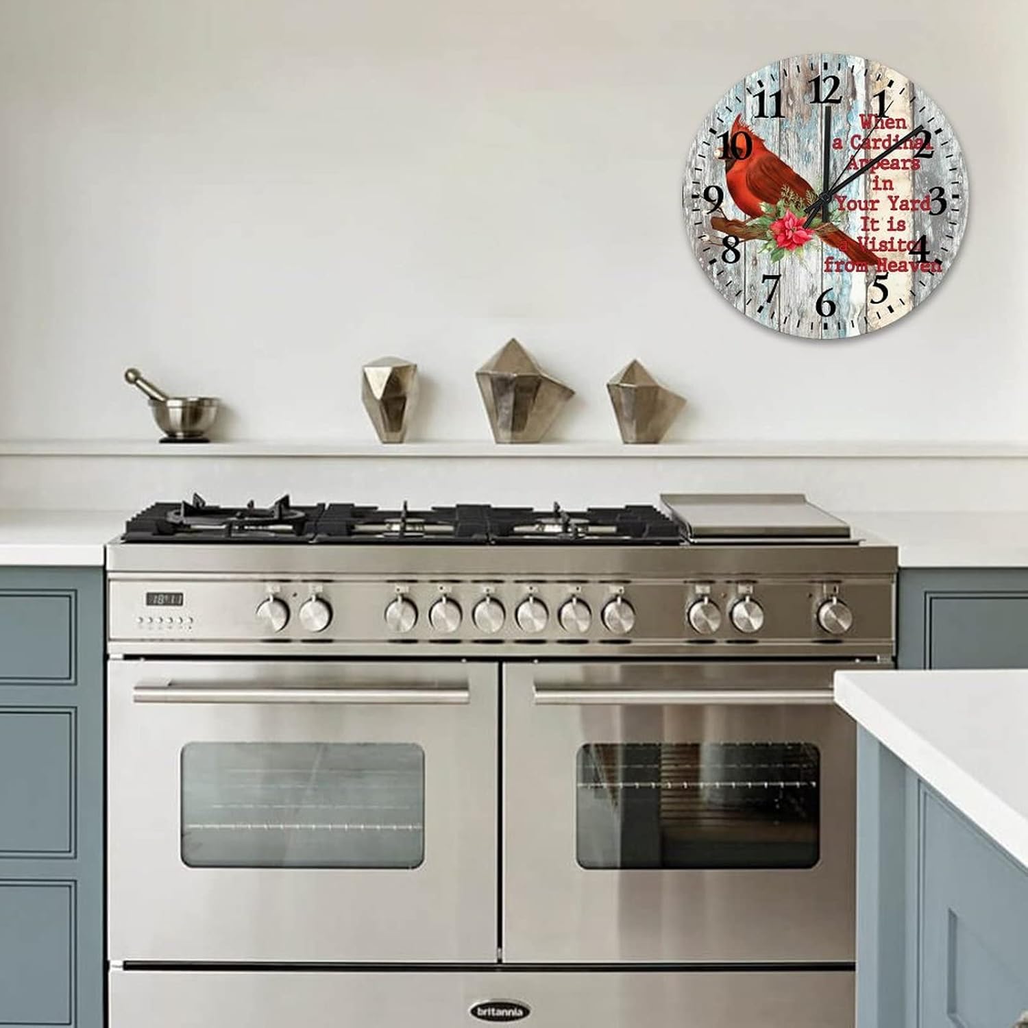 12 Inch When A Cardinal Appears in Your Yard Its A Visitor from Heaven Clock Wooden Quartz Analog Quiet in Memory of Loved One Living Room Accessories Arabic Numbers Round Clock for Living Room Office