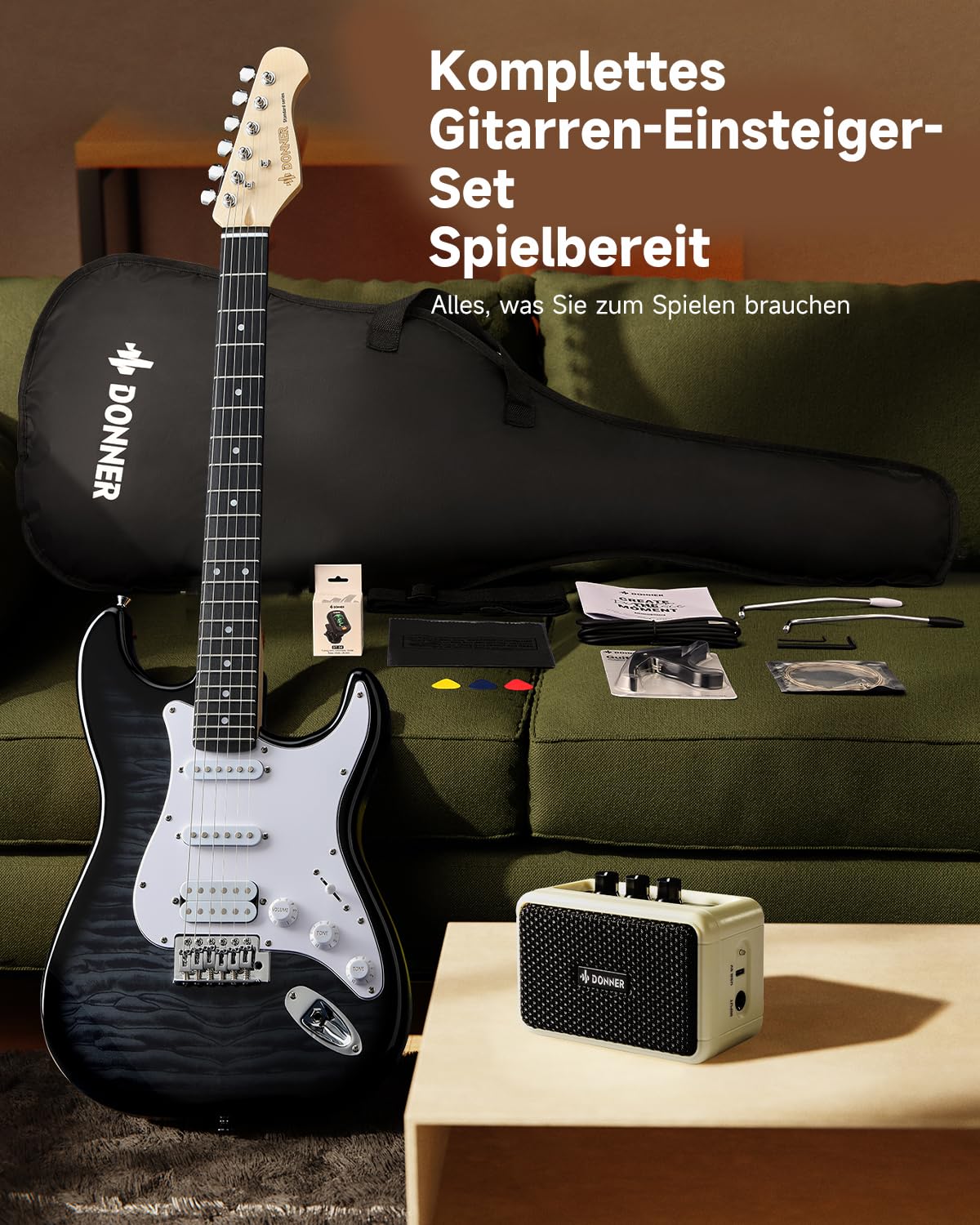 Donner DST-90 E-Gitarre Set 39 Zoll, Einsteiger E-Gitarren Komplettset mit Verstärker, HSS Tonabnehmer, Gigbag, Stimmgerät, Kapodaster, Gurt, Saiten, Kabel und Plektren, Black Burst