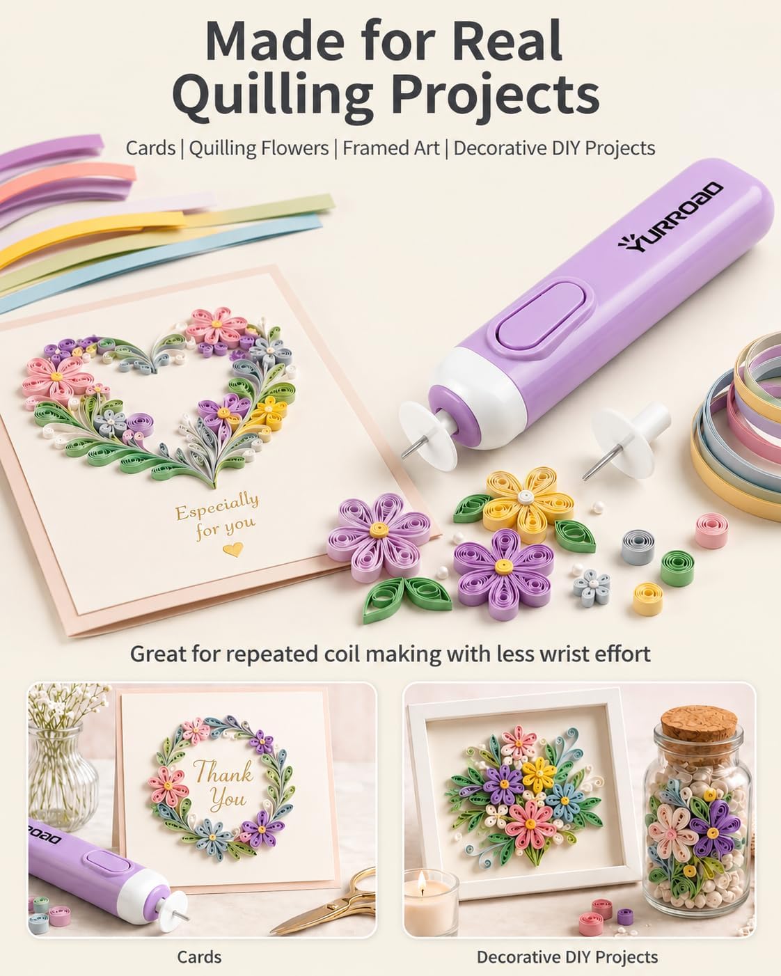 2 in 1 Electric Quilling Pen, Dual Head Paper Quilling Tool for 1.5mm-10mm (1/16" to 3/8") Paper Strips, Electric Slotted Rolling Tool for Faster, Easier Coil Making - Purple