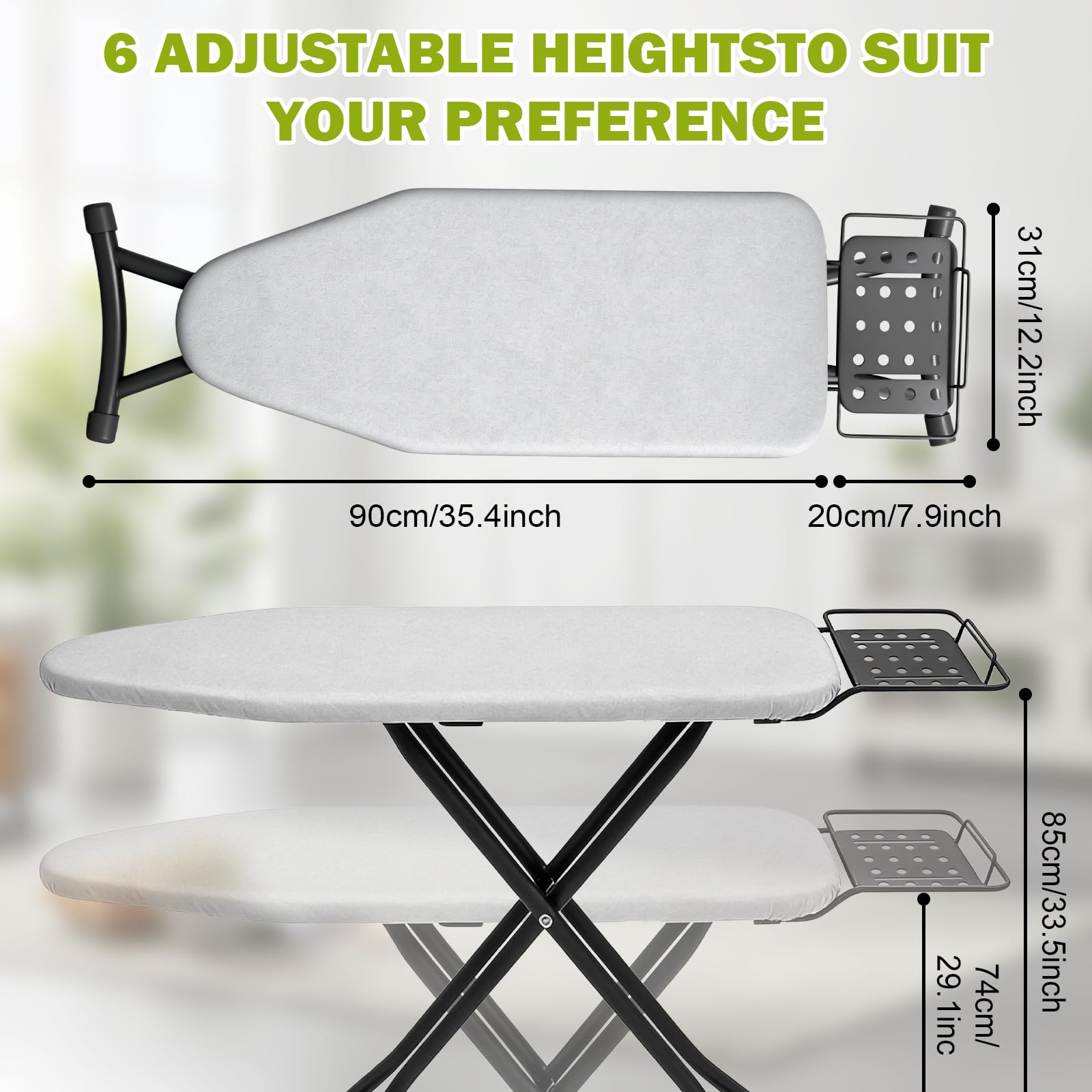 Bügelbrett für Dampfbügelstation, Klappbar & Höhenverstellbar mit Hitzebeständigem Bügeleisenständer, 4-lagige Polsterung, 110 x 31 cm