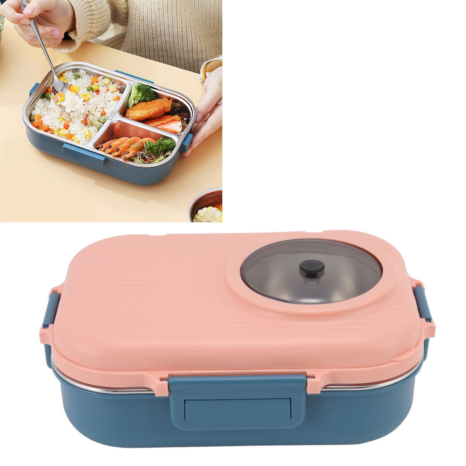 BAFOVY Thermal Lunch Box Double Layer 3 Grid Design Stainless Steel Box with 1100ml Capacity, for Adults, Teens, Kids, with Soup Bowl, for Healthy Family Meals (Pink)