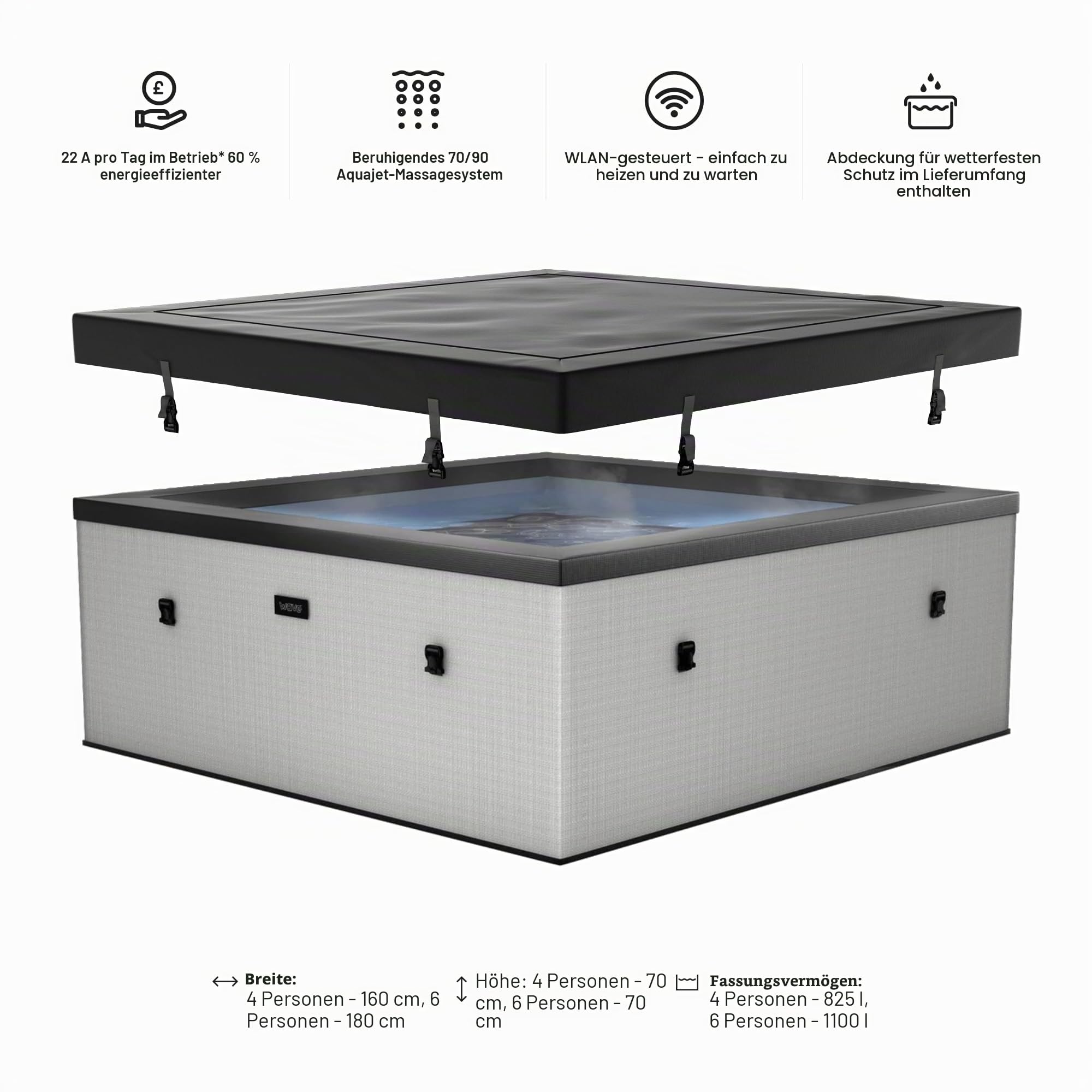 Wave Garda Eco Foam Spa | Tragbarer Outdoor-Hot Tub mit schneller Aufheizung | Strapazierfähiges PVC-Material | Einfacher Aufbau (Graphite Grey, 6 Person)