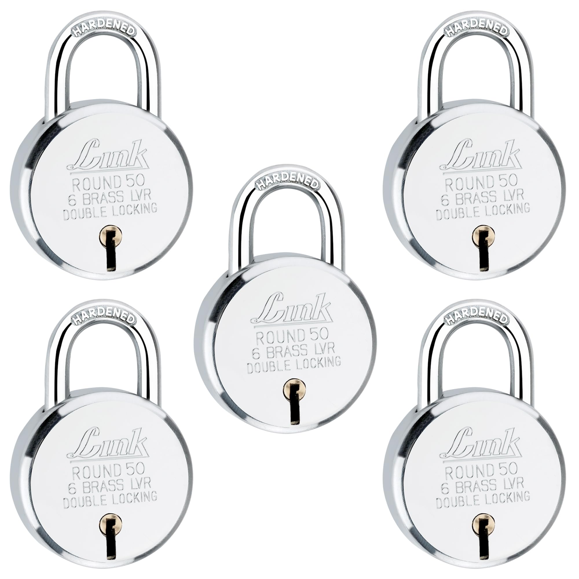 Link® 50mm Round BCP Lock 5Pcs Set | 50,000 Key Combinations | Double Locking | Hardened Shackle | 6 Brass Levers | Steel Body | Made in India | 3 Keys for Each Lock