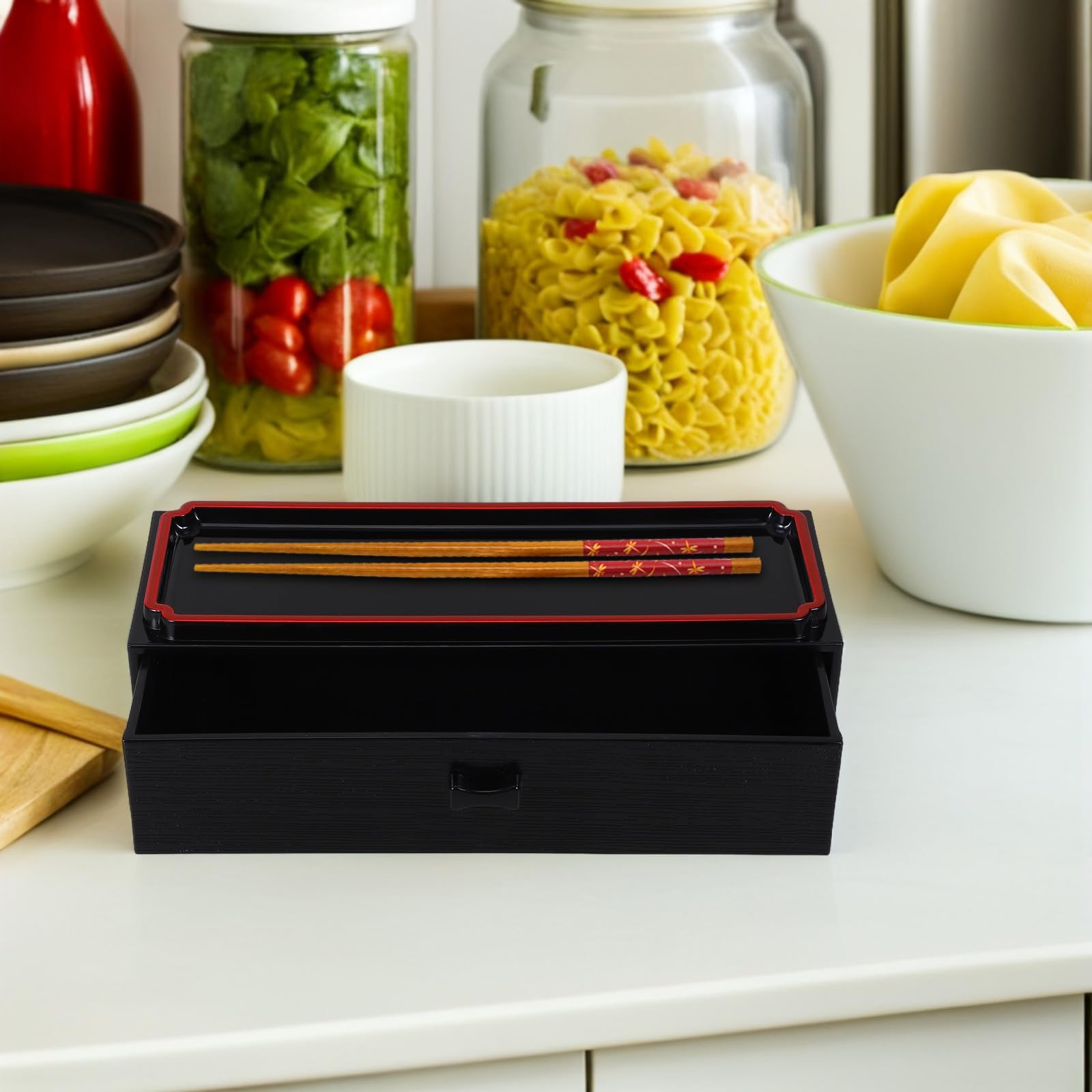 Operitacx Caja Organizadora para Palillos y Cubiertos de Madera Negra Diseño Japonés, Extraíble y Portátil, Contenedor para Almacenamiento Higiénico en Cocina, 1 Unidad