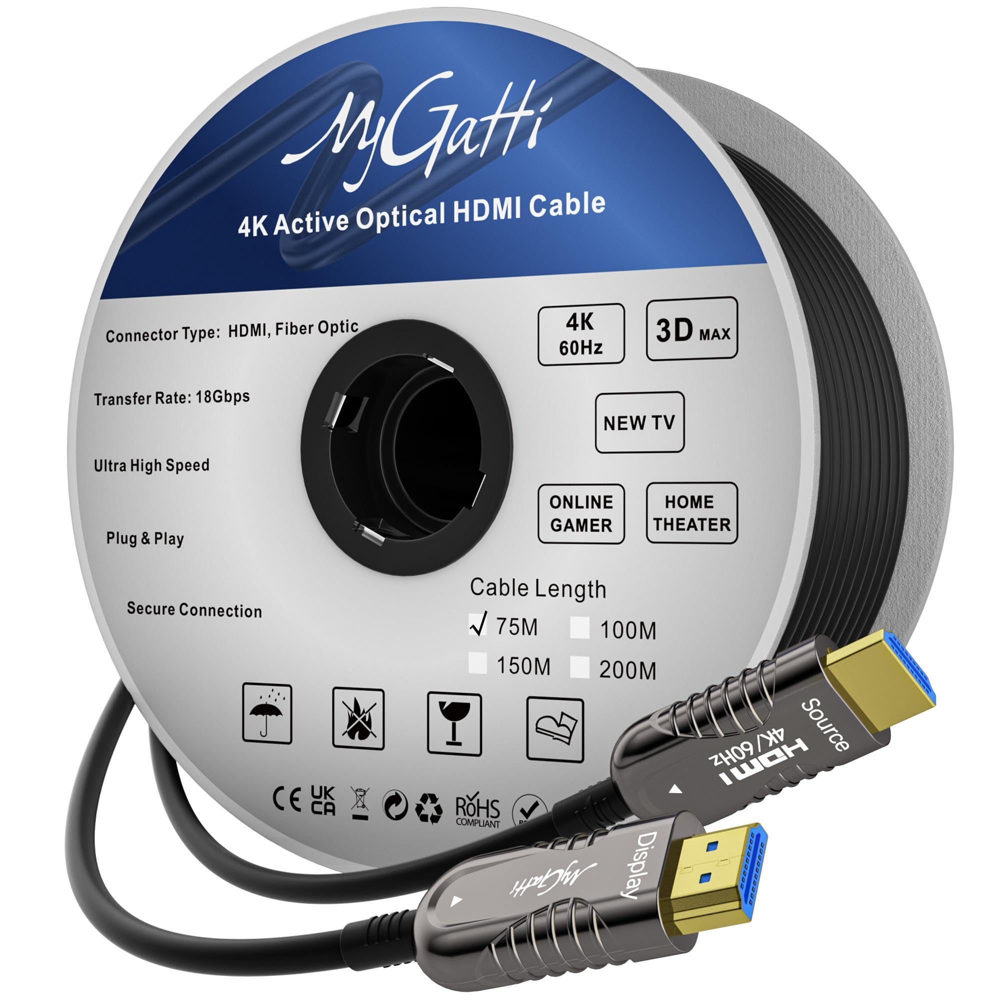 Kabel z włókna szklanego 4K HDMI 75 metrów, kabel optyczny HDMI 2,0,4K 60 Hz 18 Gbps High Speed UHD Fiber Optic AOC, 4:4:4 RGB, obudowa ze stopu cynku, smukła średnica zewnętrzna: 4,8 mm