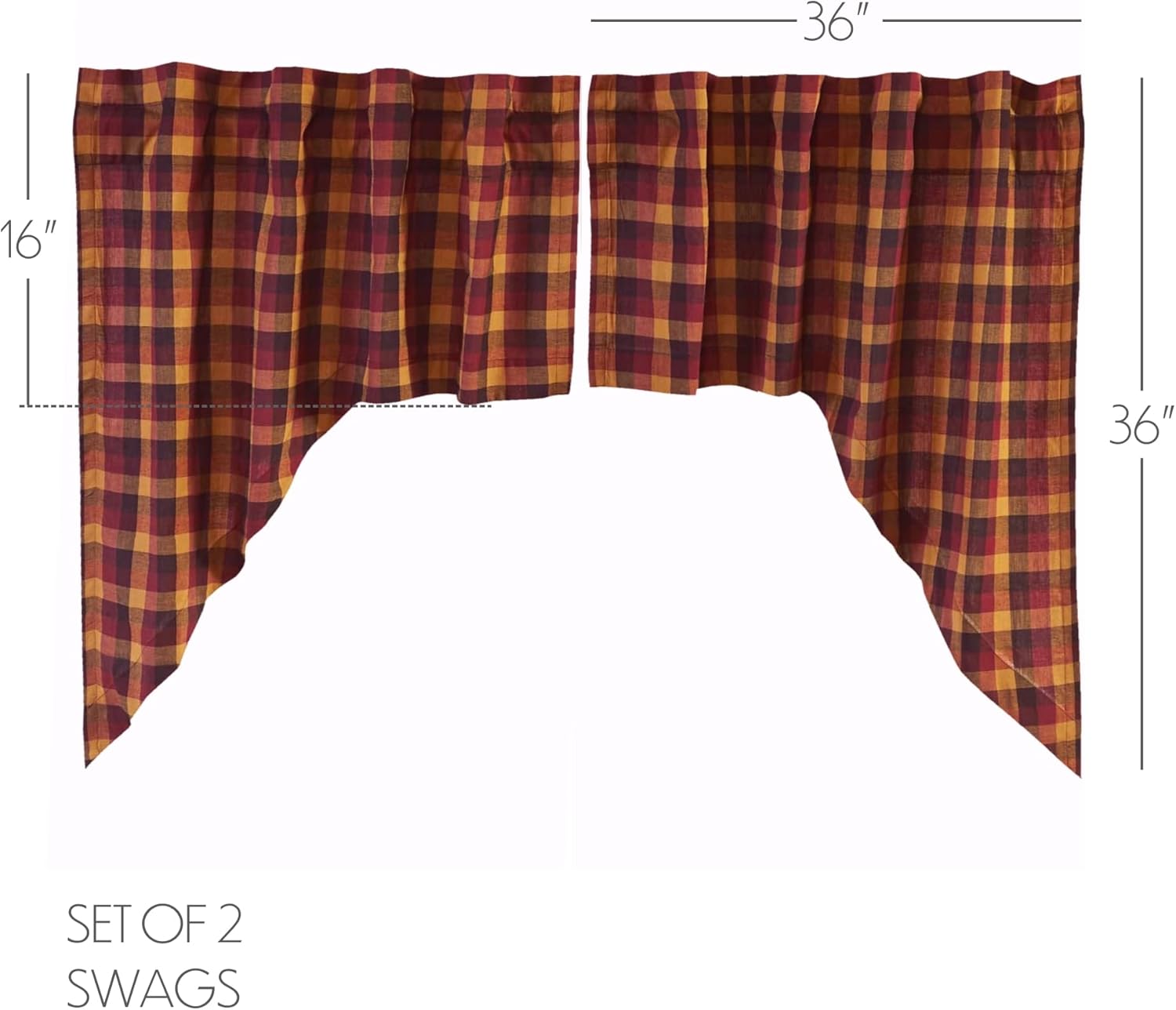 VHC Brands Heritage Farms Window Curtains, Primitive Check Swag Set of 2 36x36x16
