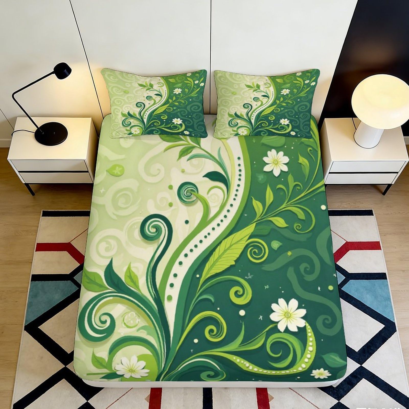 Uynsixtme Style-8 3D Printed Botanical Pattern Fitted Sheet Microfiber Deep Pocket Non-Slip Bedroom Bedding Botanical Mattress Fitted Cover 90X200x25cm