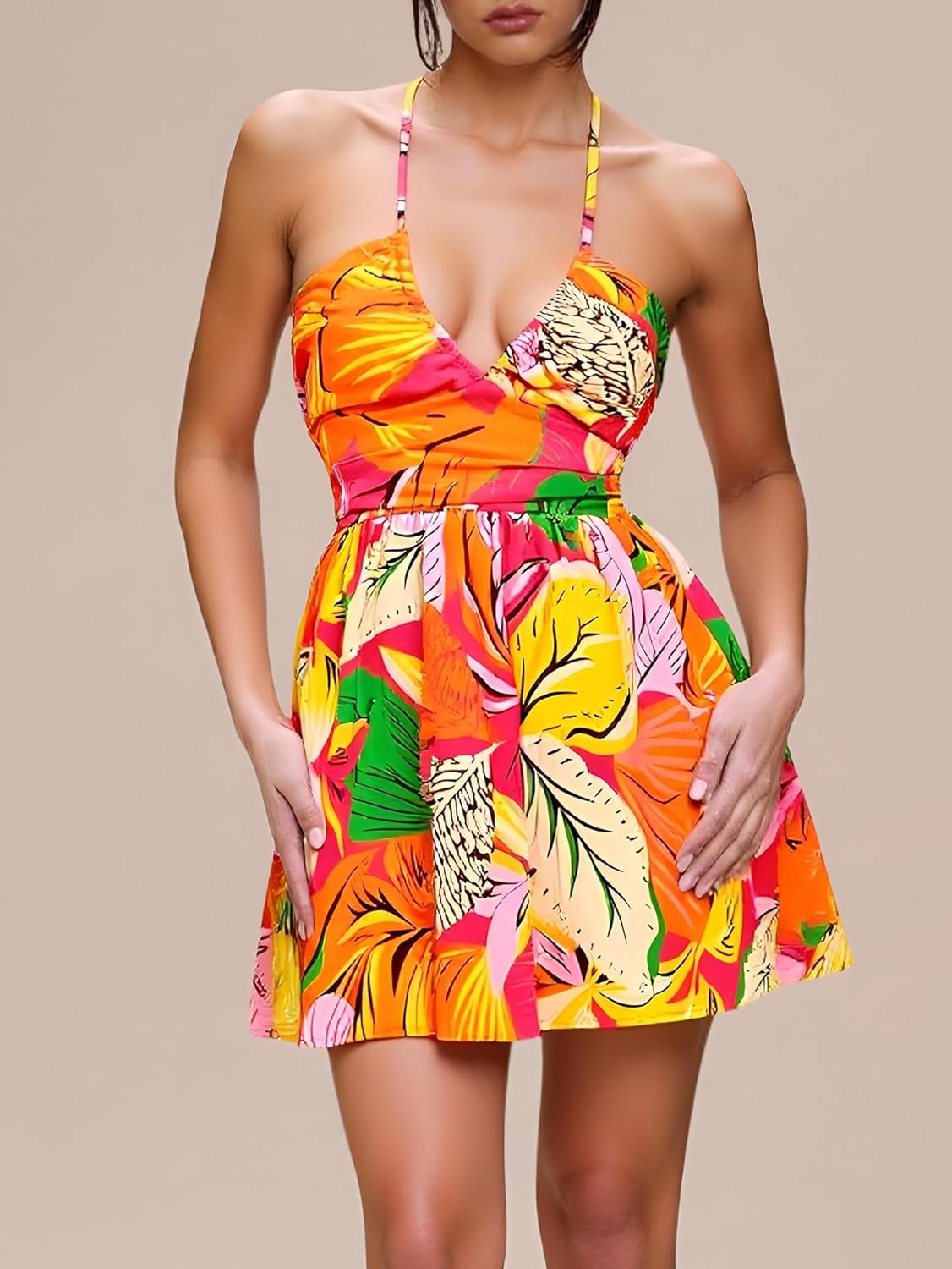 Women's Tropical Print Tie Backless Mini Dress Deep V Neck A Line Flowy Vacation Dresses - Image 4