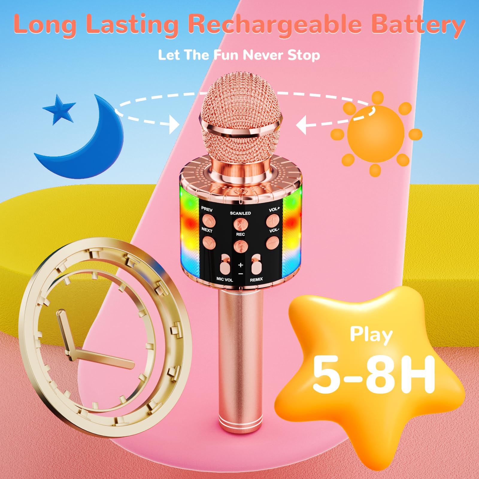 Ankuka Microfono Karaoke Bluetooth Wireless Microfono Bambini Regalo per Bambini 3-12 Anni Microfono Giocattolo Cambia Voce, Compatibile con Android, iOS, PC Oro Rosa-Nero